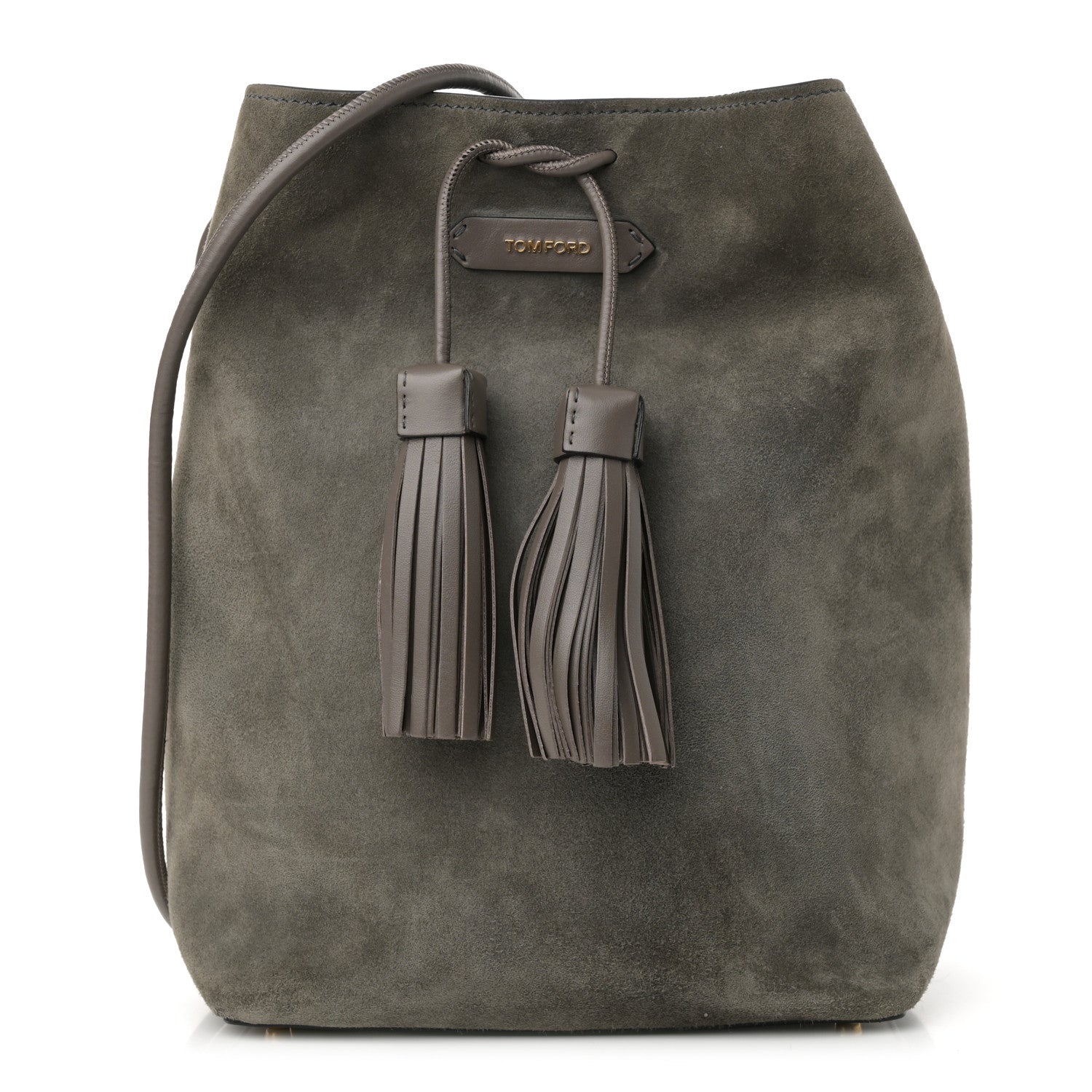 Tom Ford Suede Medium Double Tassel Bucket Bag Graphite 1735755