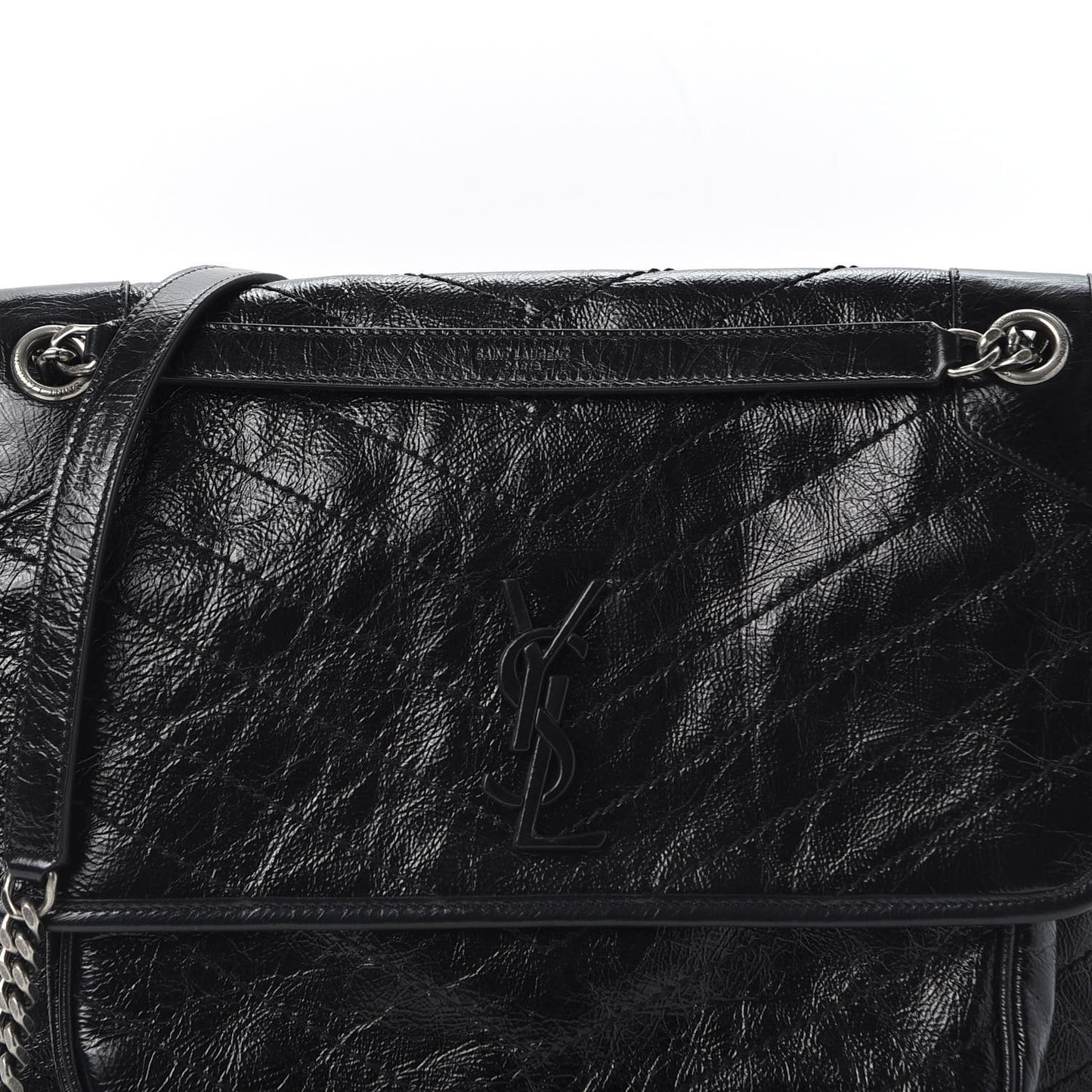 Crinkled Calfskin Matelasse Monogram Large Niki Chain Satchel Black