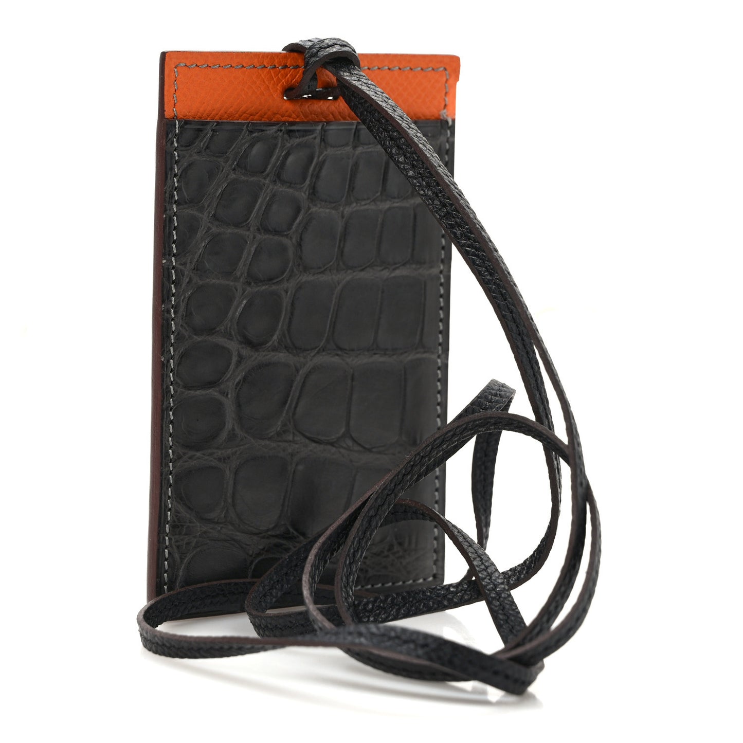 Matte Crocodile Epsom Petit H Lanyard Card Holder Graphite Orange