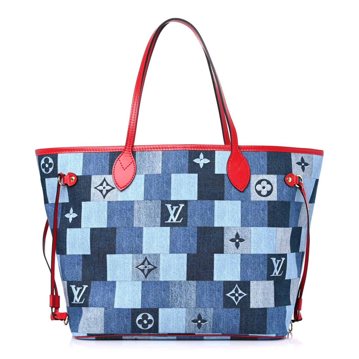Denim Damier Monogram Patchwork Neverfull Blue Rouge