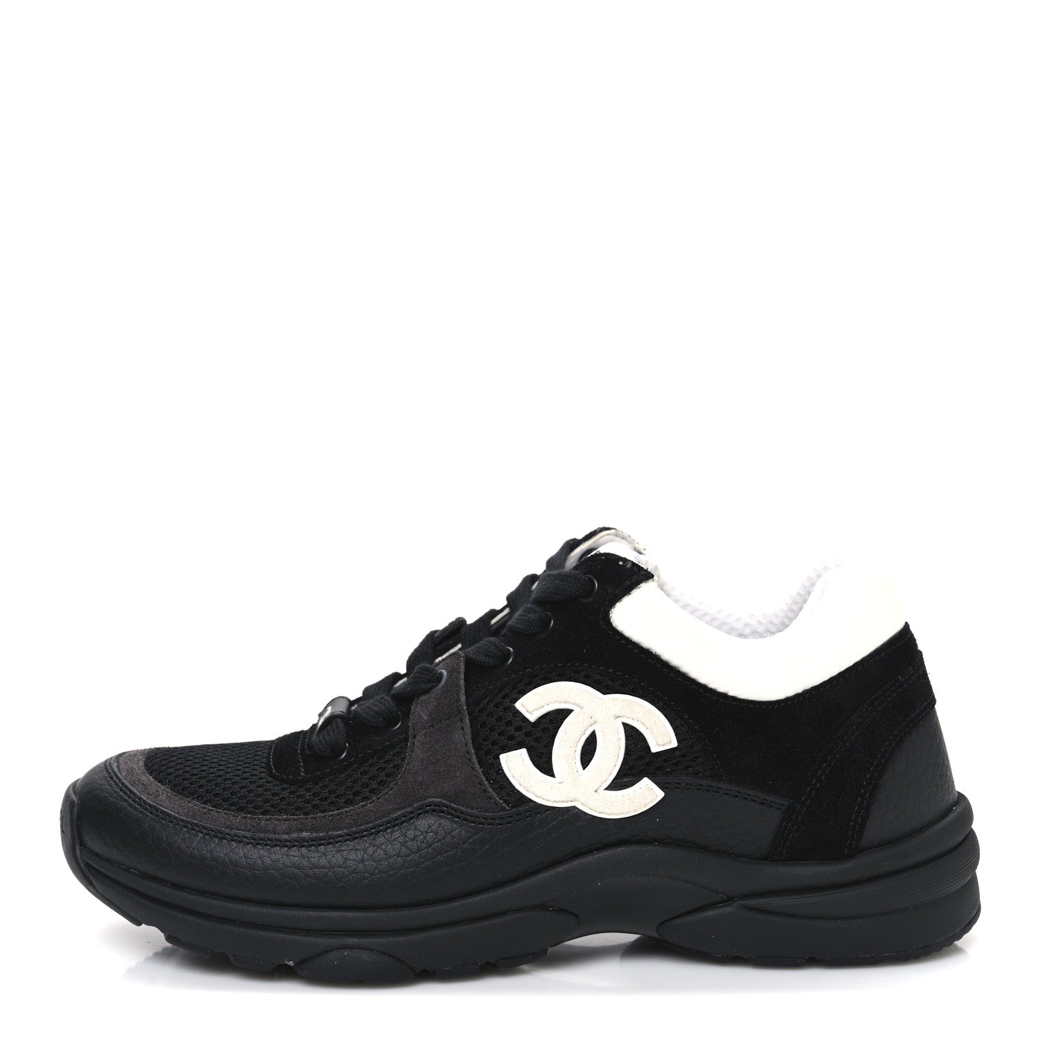 Chanel Mesh Suede Grained Calfskin Womens CC Sneakers 37 Black