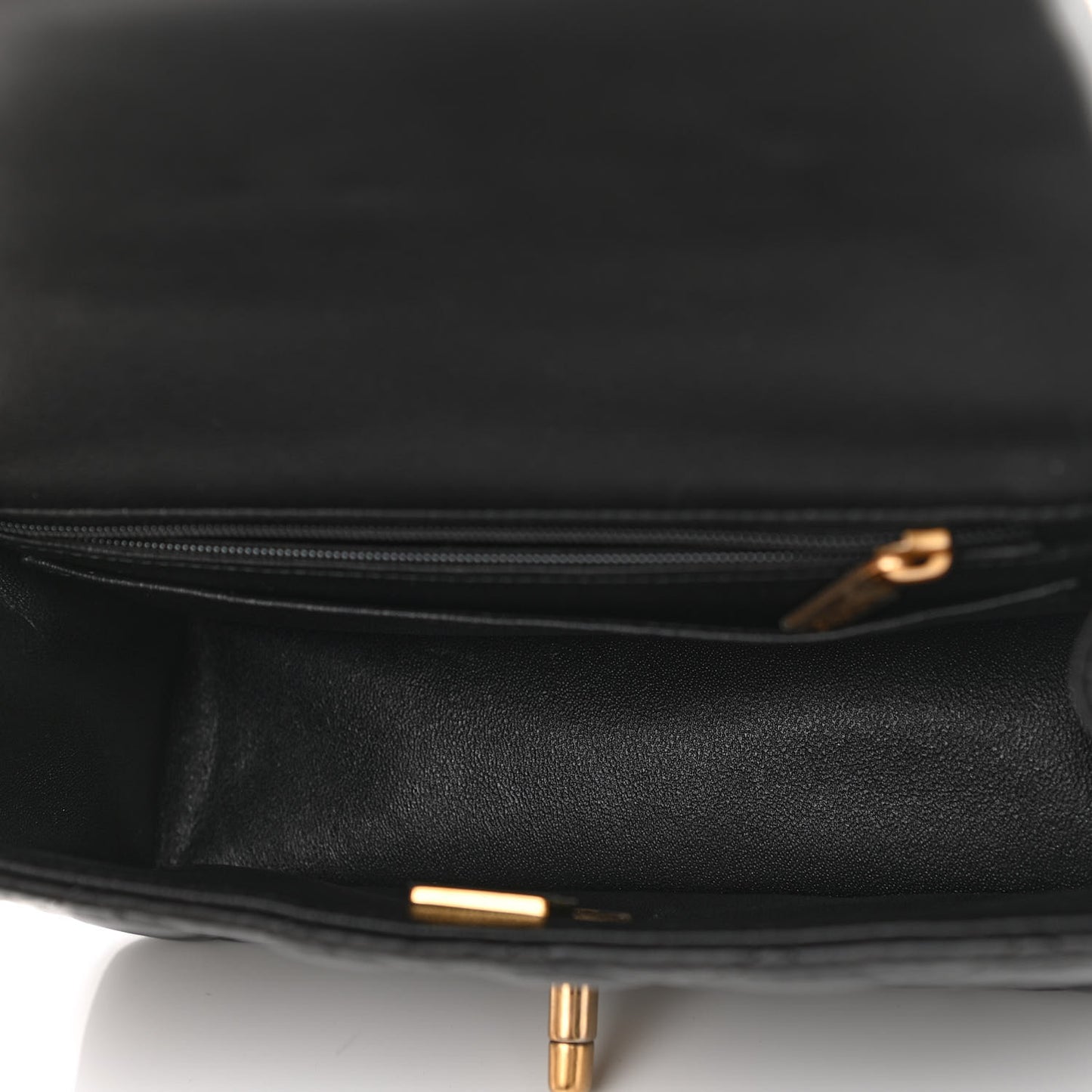 Lambskin Quilted Mini Top Handle Rectangular Flap Black