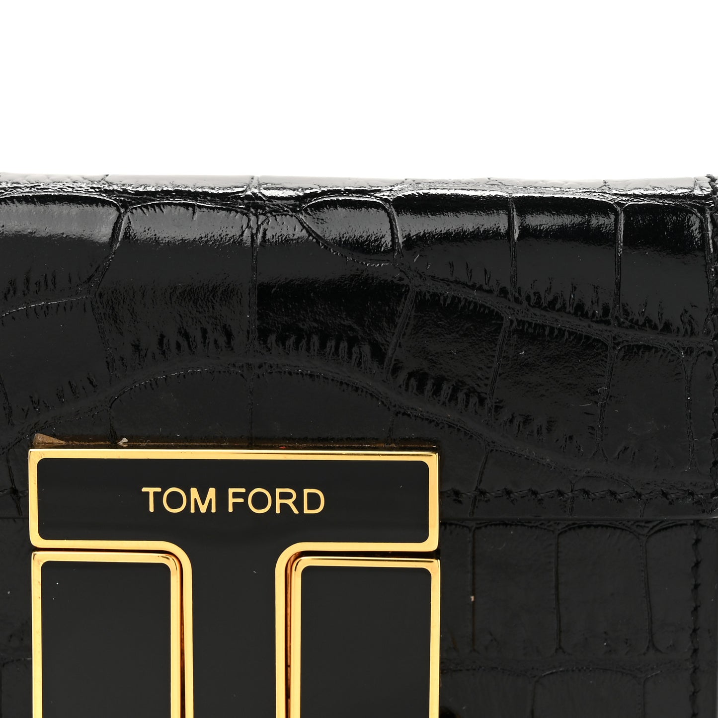 Calfskin Crocodile Embossed Mini T Clasp Accordion Wallet With Strap Black