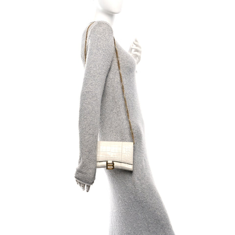 Shiny Calfskin Crocodile Embossed Hourglass Chain Bag White
