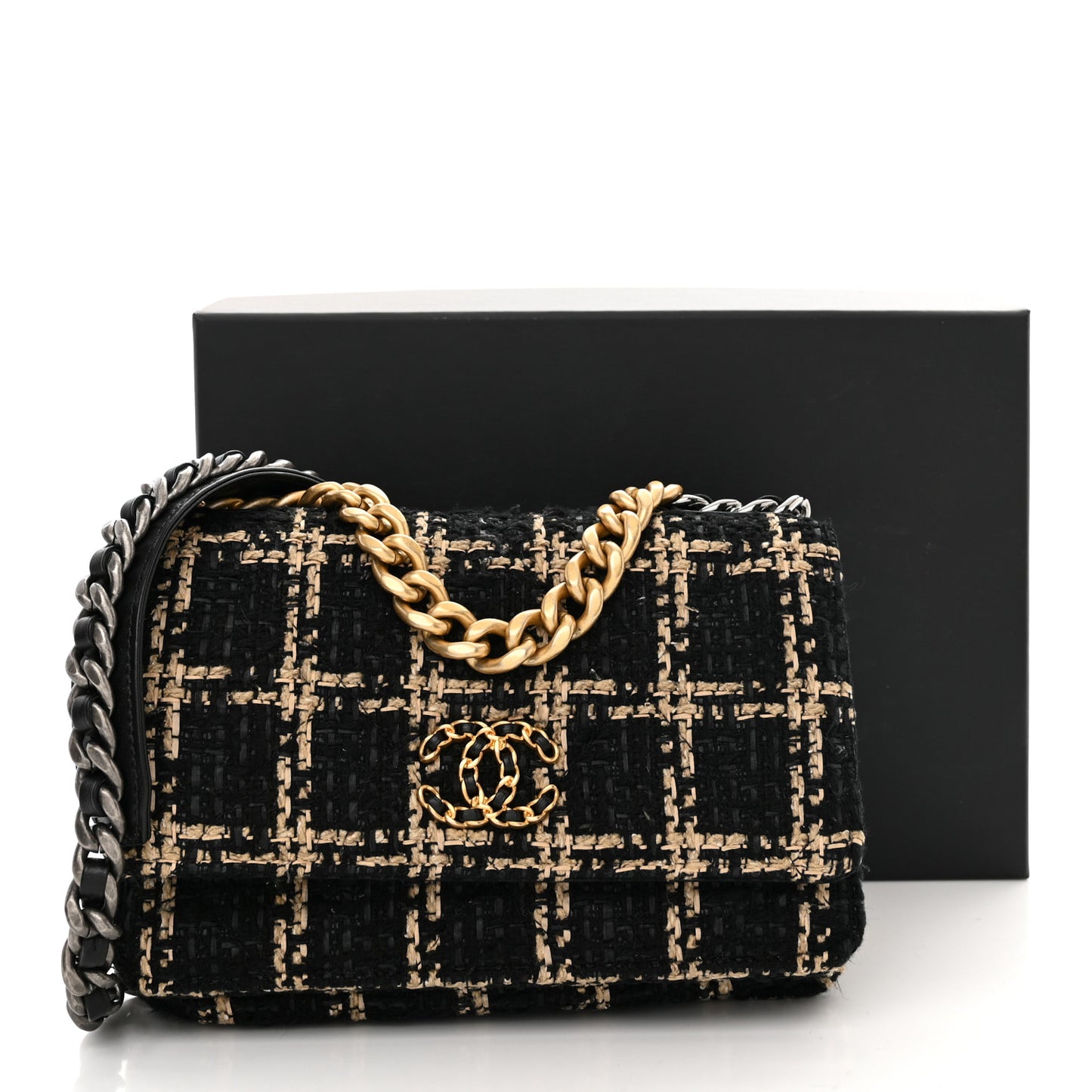 Tweed Quilted Chanel 19 Wallet On Chain WOC Black Beige