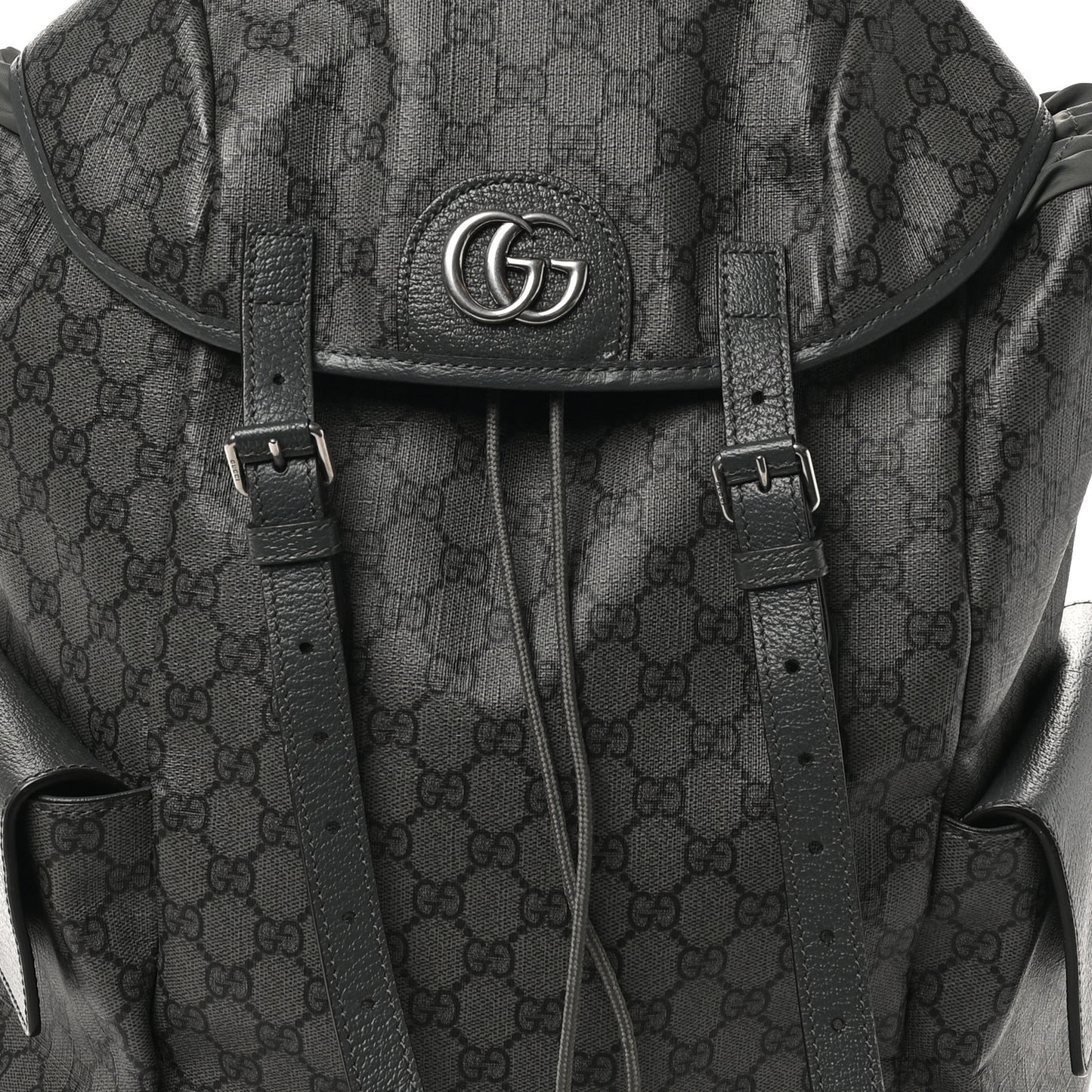GG Supreme Monogram Textured Dollar Calfskin Medium Ophidia Double Buckle Backpack Grey Black Graphite Grey