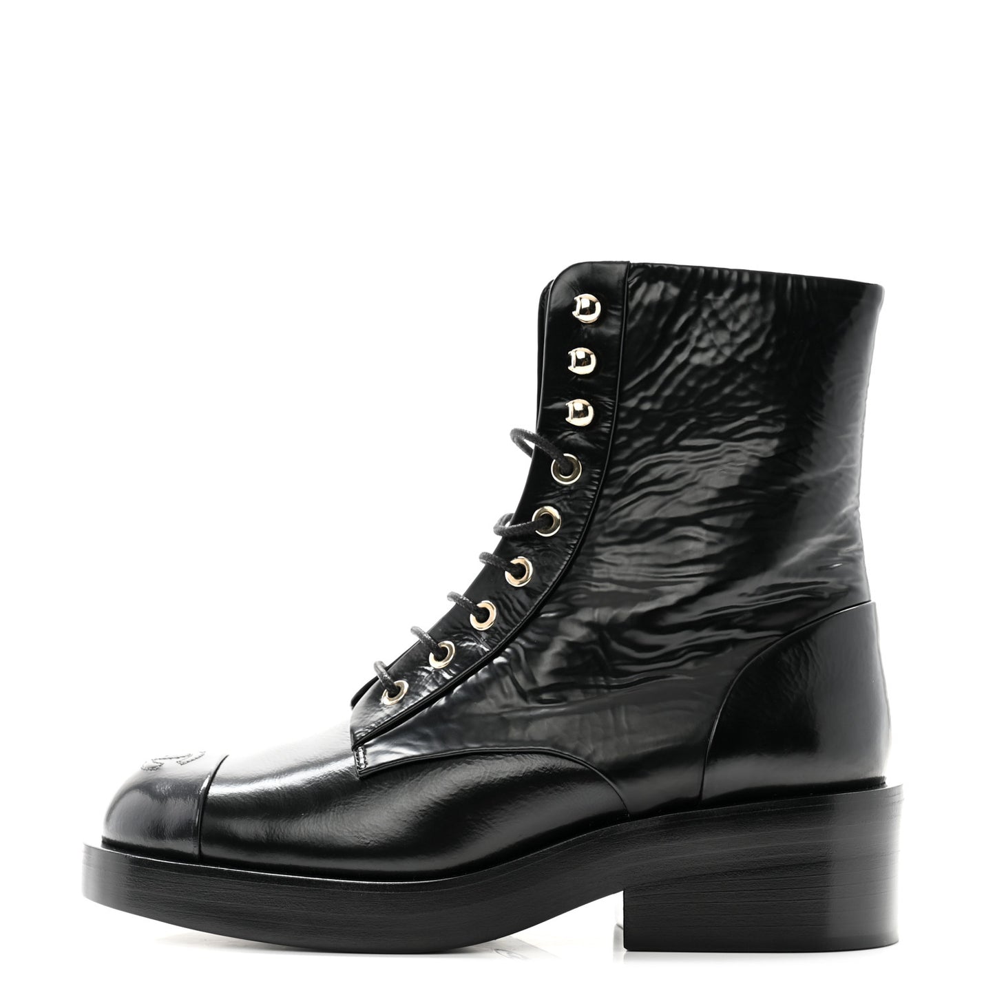 Shiny Goatskin Cap Toe Combat Boots 36.5 Black