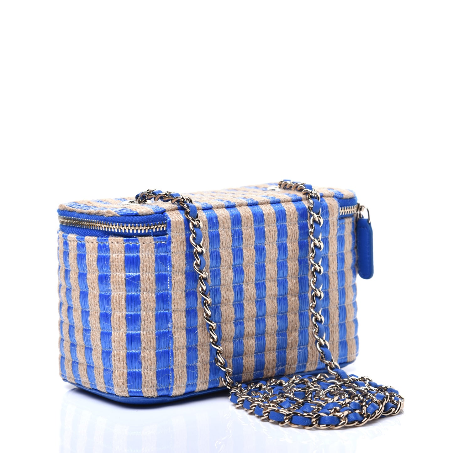 Raffia Jute Striped Small Vanity Case With Chain Blue Beige