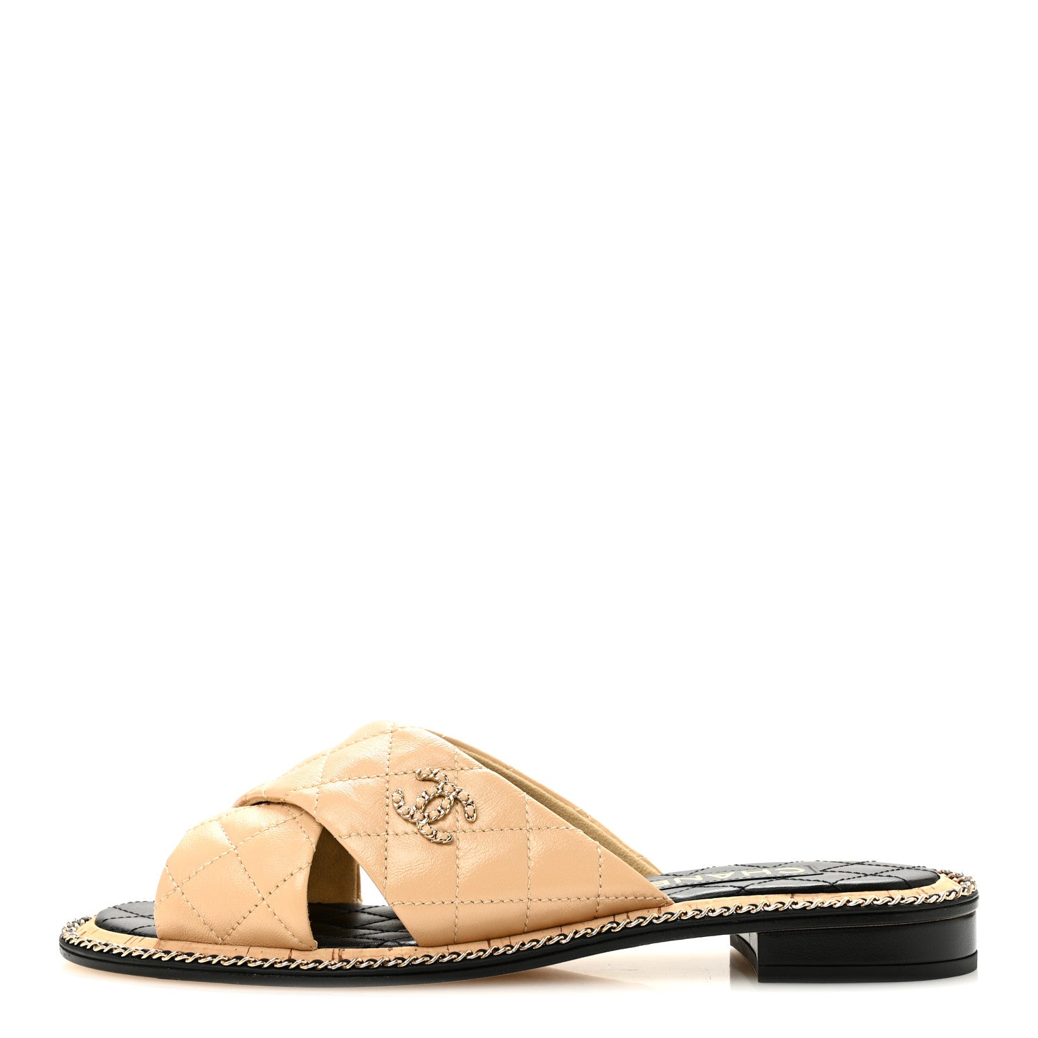 Chanel Shiny Lambskin Quilted Metal Chain CC Sandals 36.5 Beige