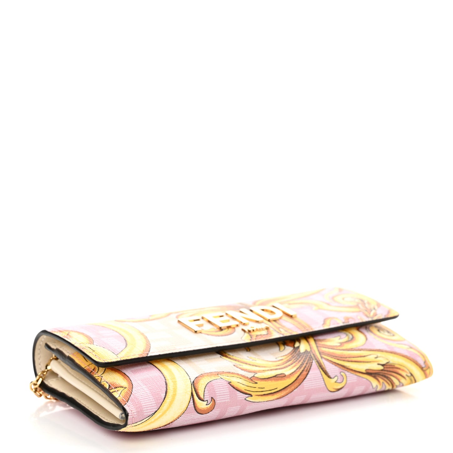 X VERSACE Glazed Fabric Fendace FF Baroque Continental Wallet On Chain Gold White Rosa