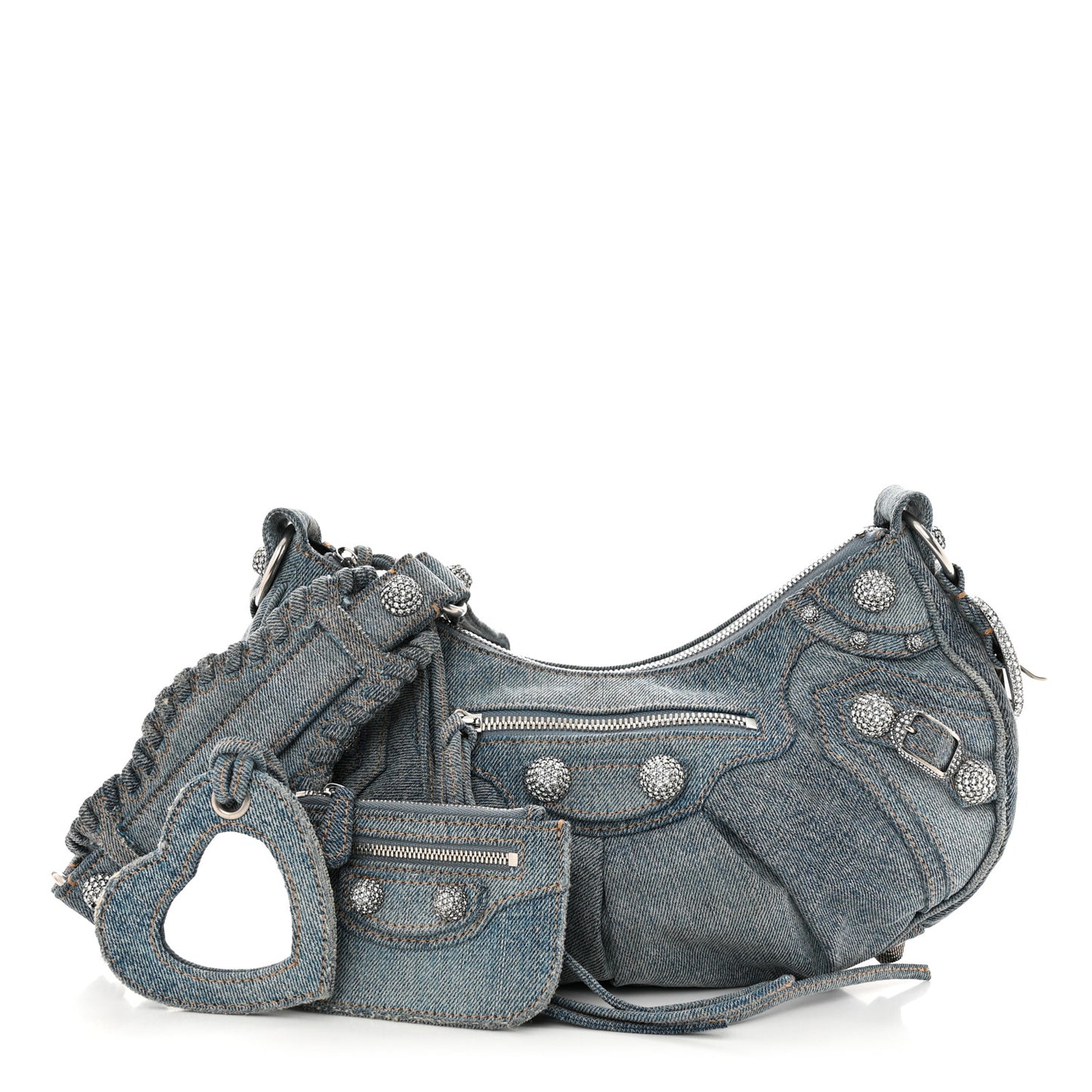 Washed Frayed Denim Crystal Small Le Cagole Shoulder Bag Blue