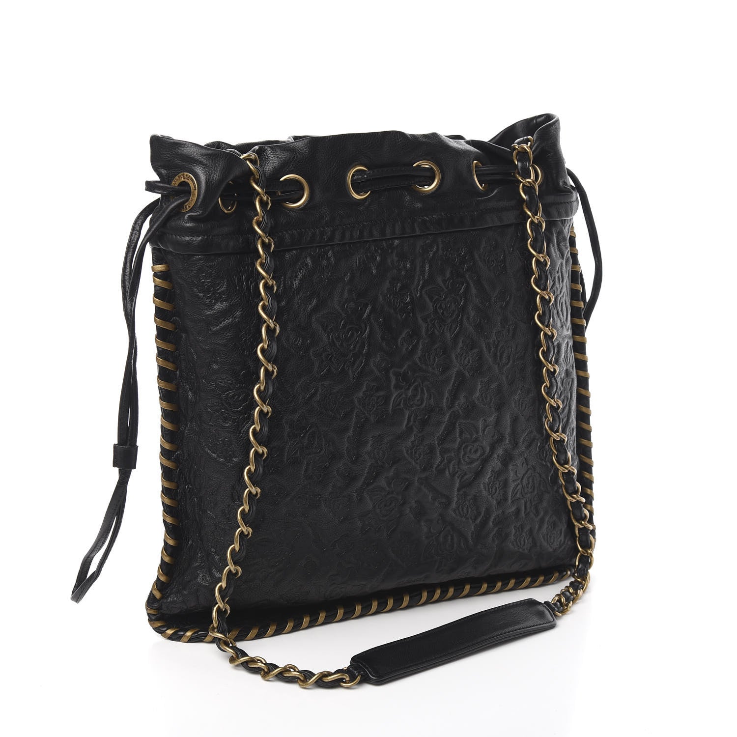 Chanel Calfskin Camellia Embossed Drawstring Shoulder Bag Black 3 of 10