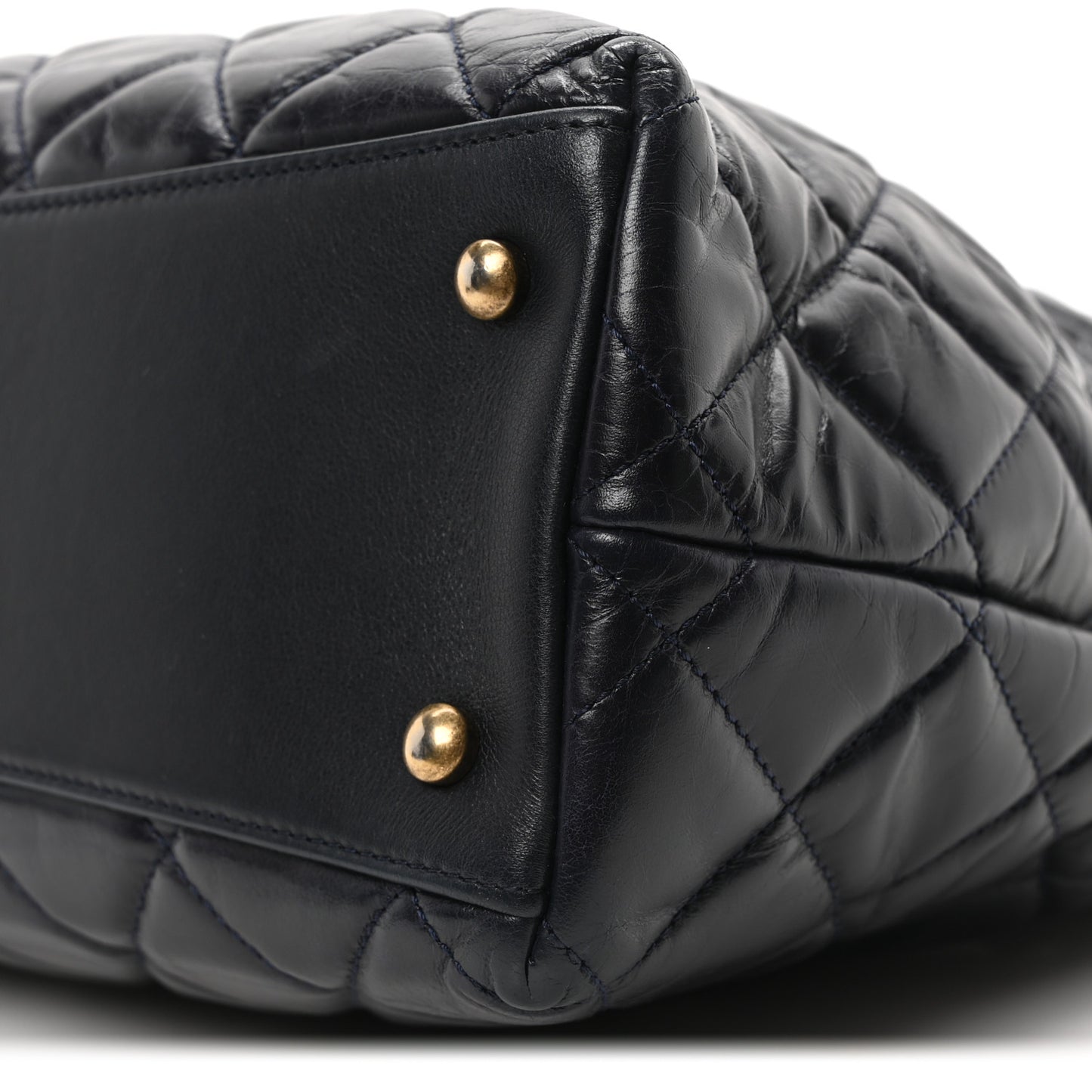 Calfskin Quilted Large Gold Bar Top Handle Tote Dark Navy Blue