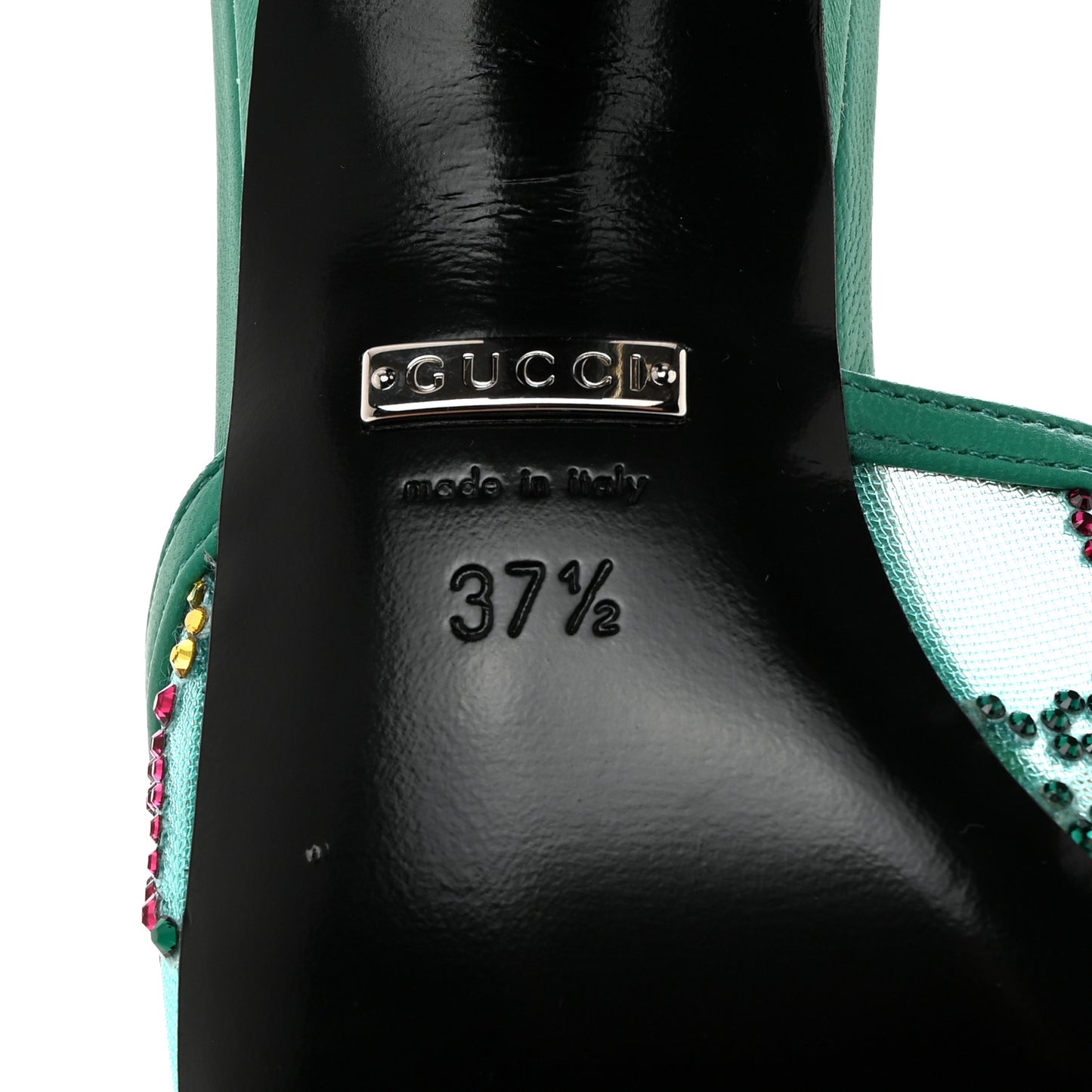 Tela Retino Nappa Crystal GG Monogram Square G 95mm Slide Sandals 37.5 Turquoise