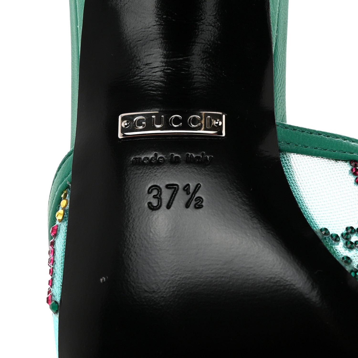 Gucci Tela Retino Nappa Crystal GG Monogram Square G 95mm Slide Sandals 37.5 Turquoise 7 of 8