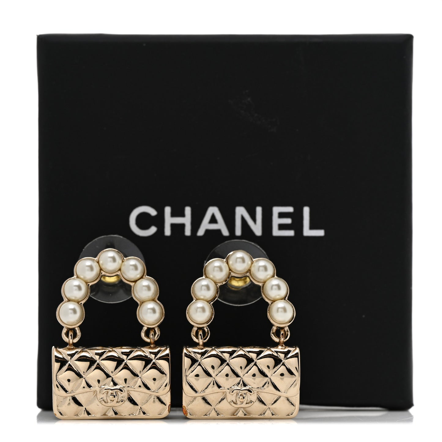 Pearl Quilted CC Flap Bag Earrings Gold
