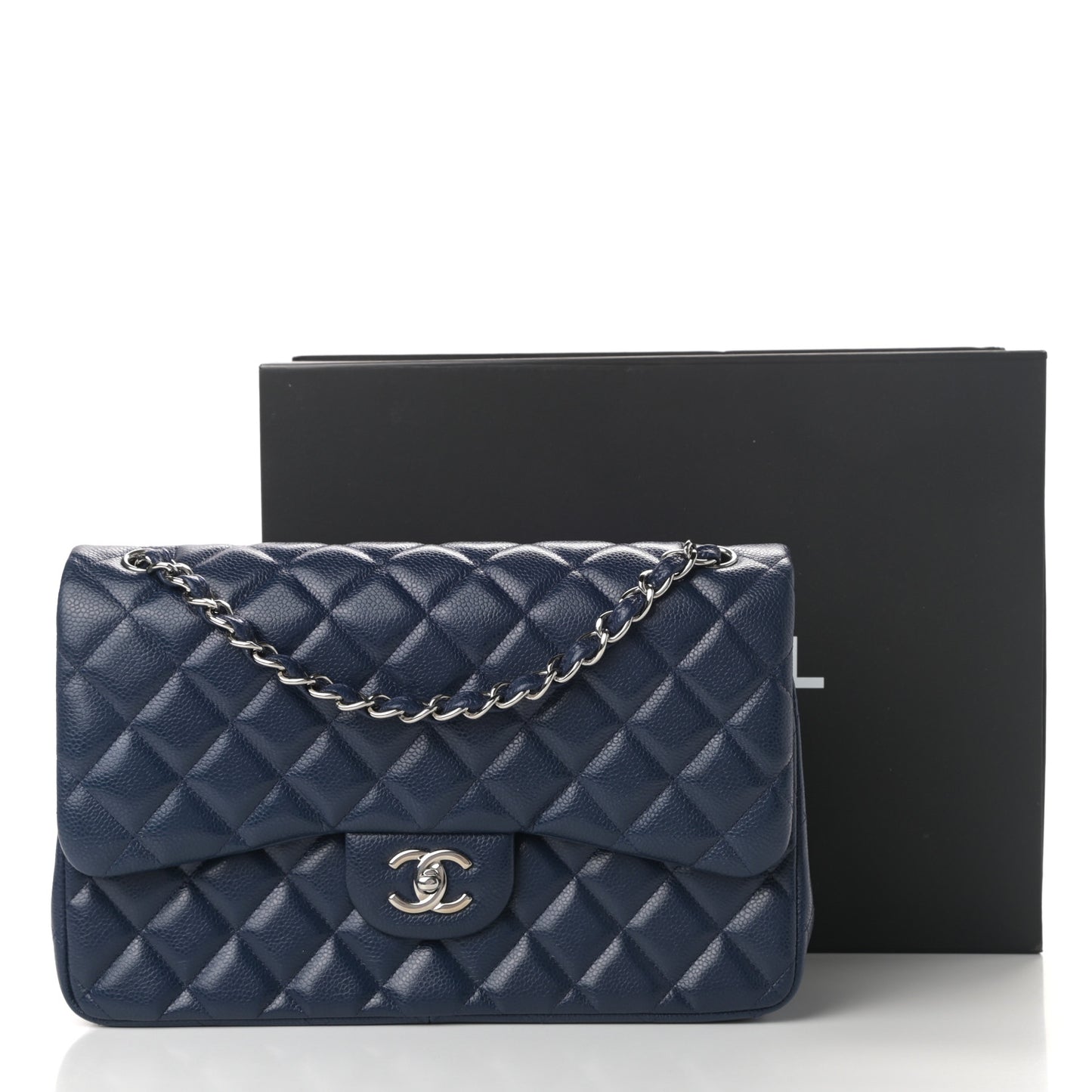 Caviar Quilted Jumbo Double Flap Navy Blue