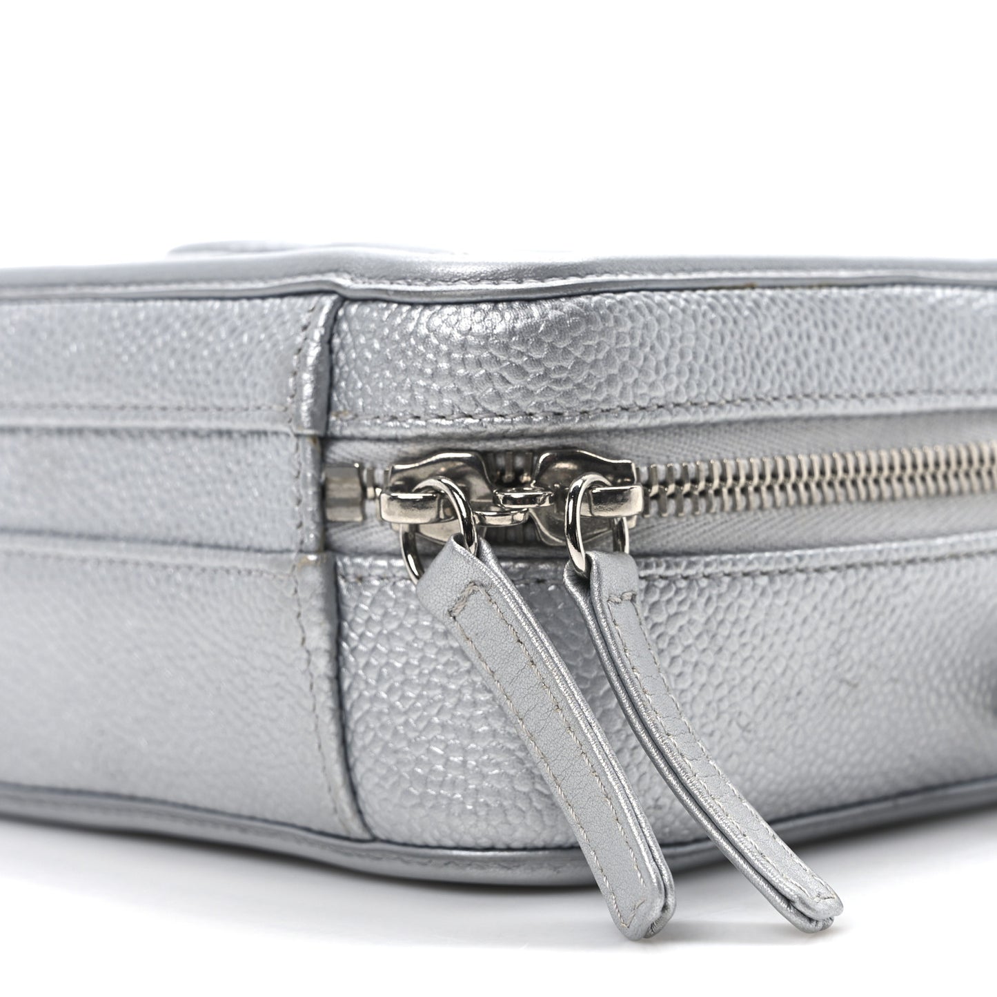 Metallic Caviar Quilted Small CC Filigree Vanity Case Silver