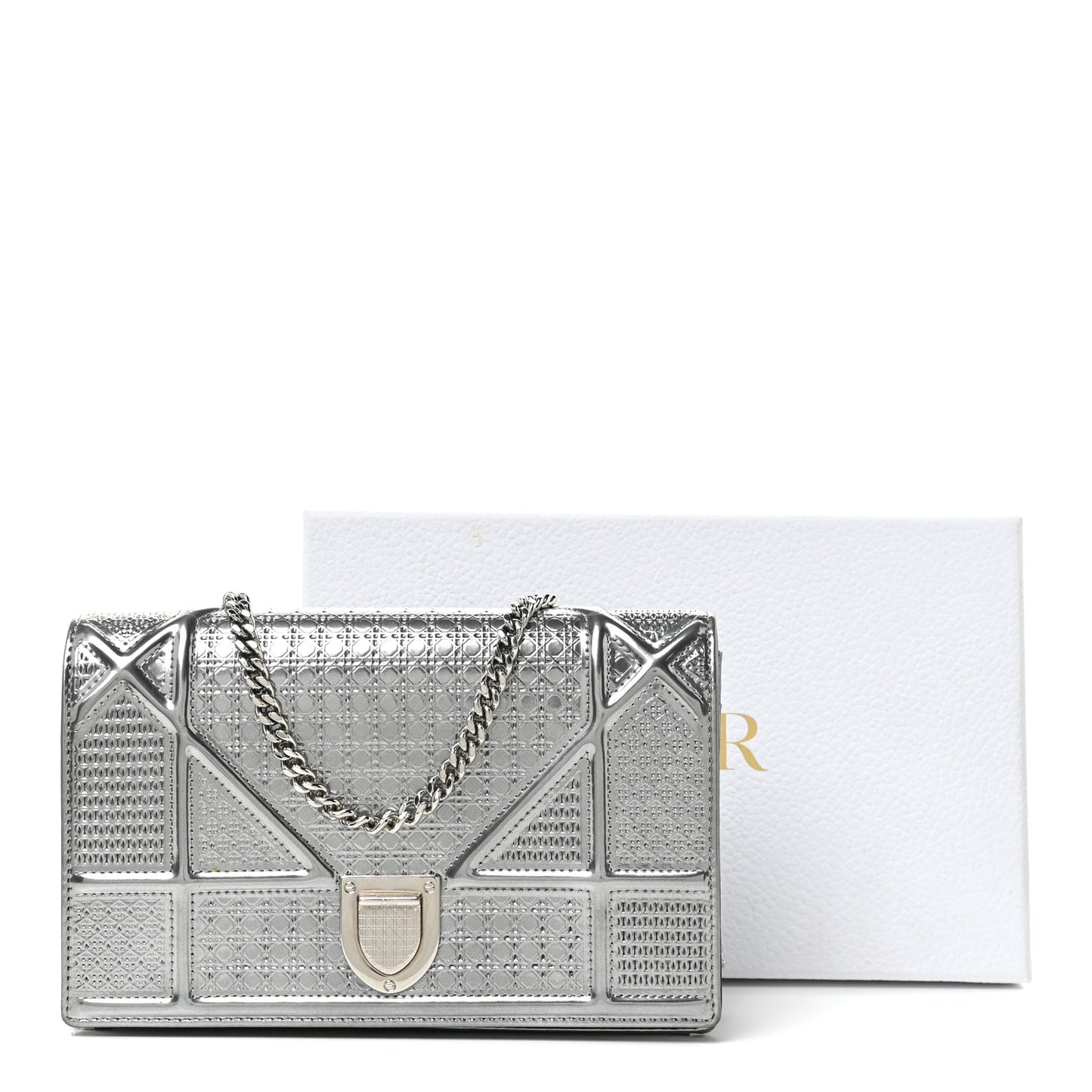 Metallic Patent Micro-Cannage Diorama Wallet on Chain Pouch Silver