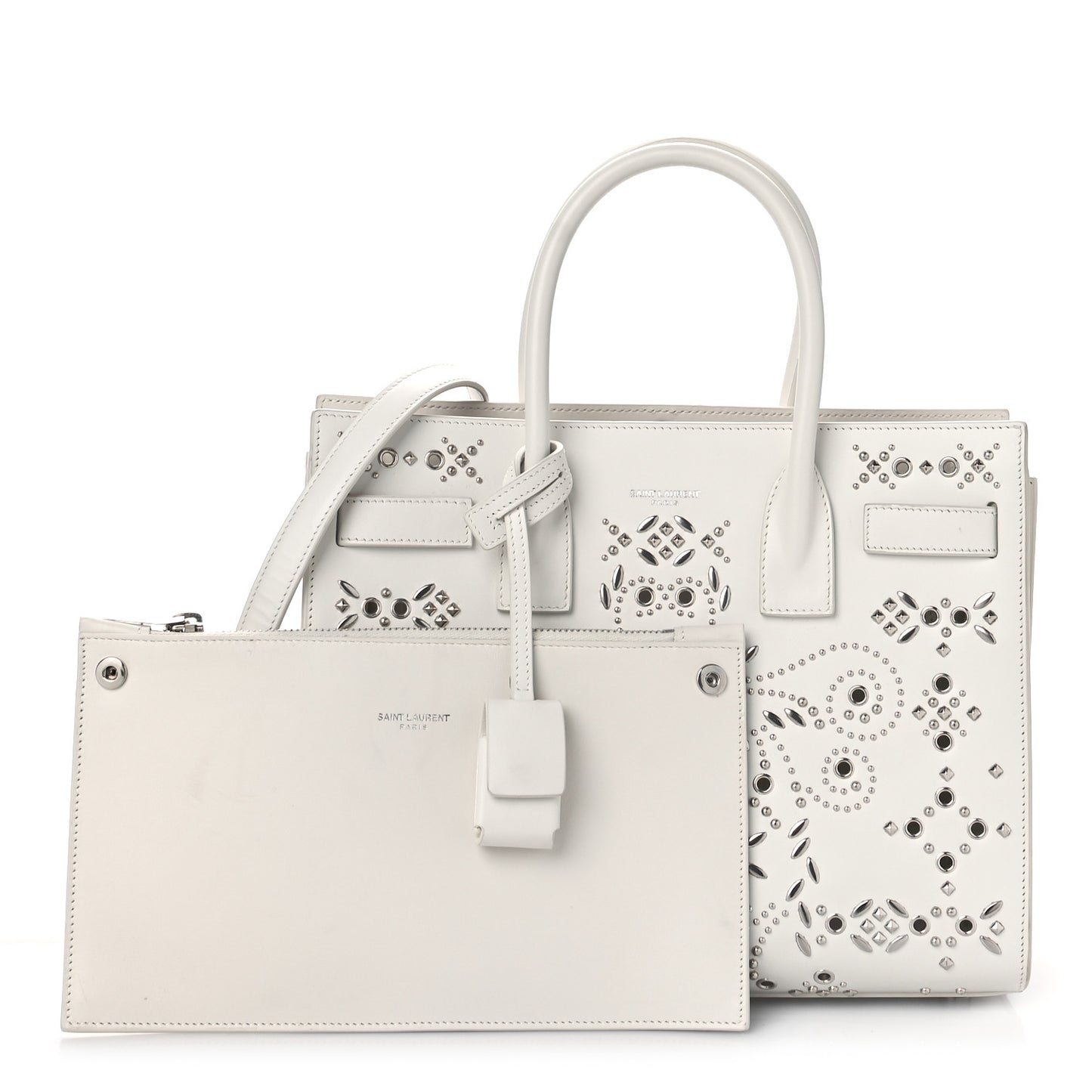 Calfskin Perforated Studded Baby Sac De Jour White