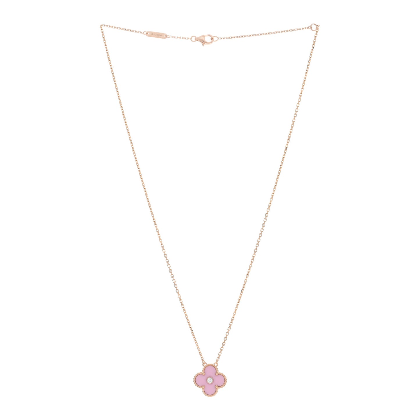 18K Rose Gold Diamond Pink Porcelain Vintage Alhambra Pendant Necklace