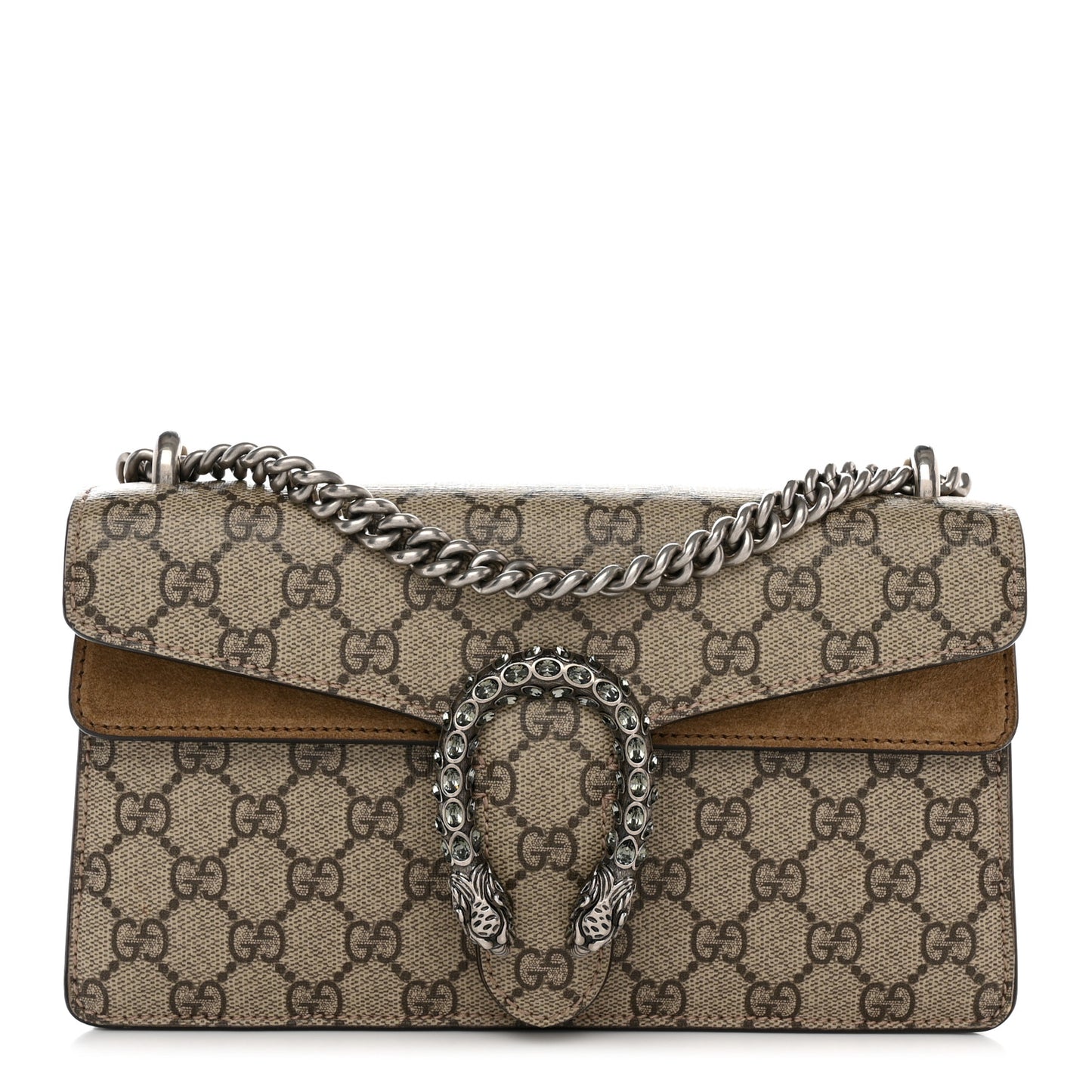 GG Supreme Monogram Suede Crystal Small Dionysus Shoulder Bag Beige Ebony Taupe