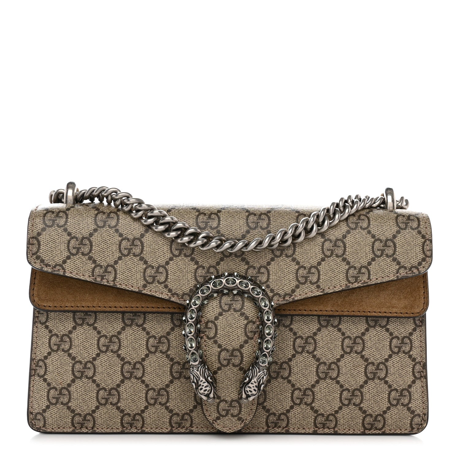 Gucci GG Supreme Monogram Suede Crystal Small Dionysus Shoulder Bag Beige Ebony Taupe 1 of 13