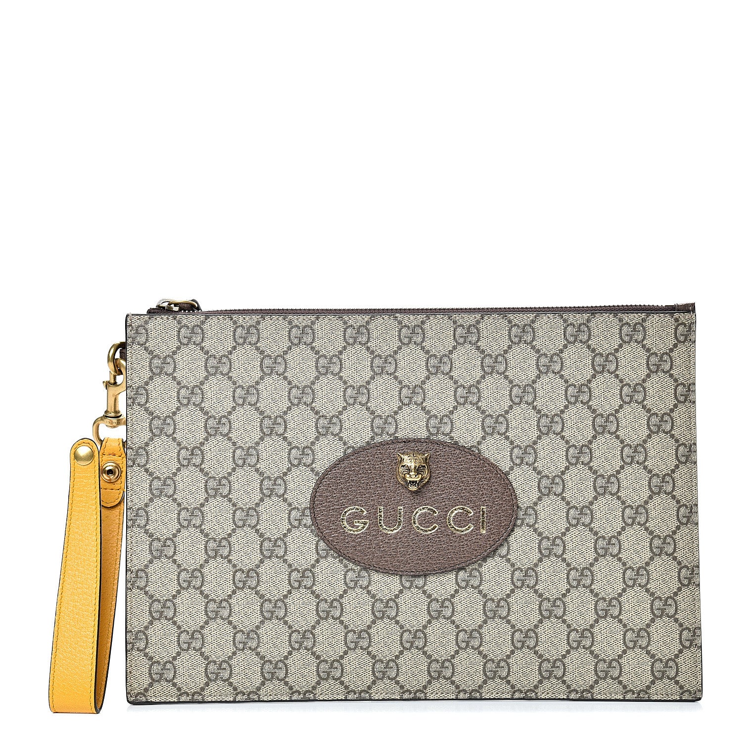 Gucci GG Supreme Monogram Neo Vintage Zip Wristlet Pouch Beige New 