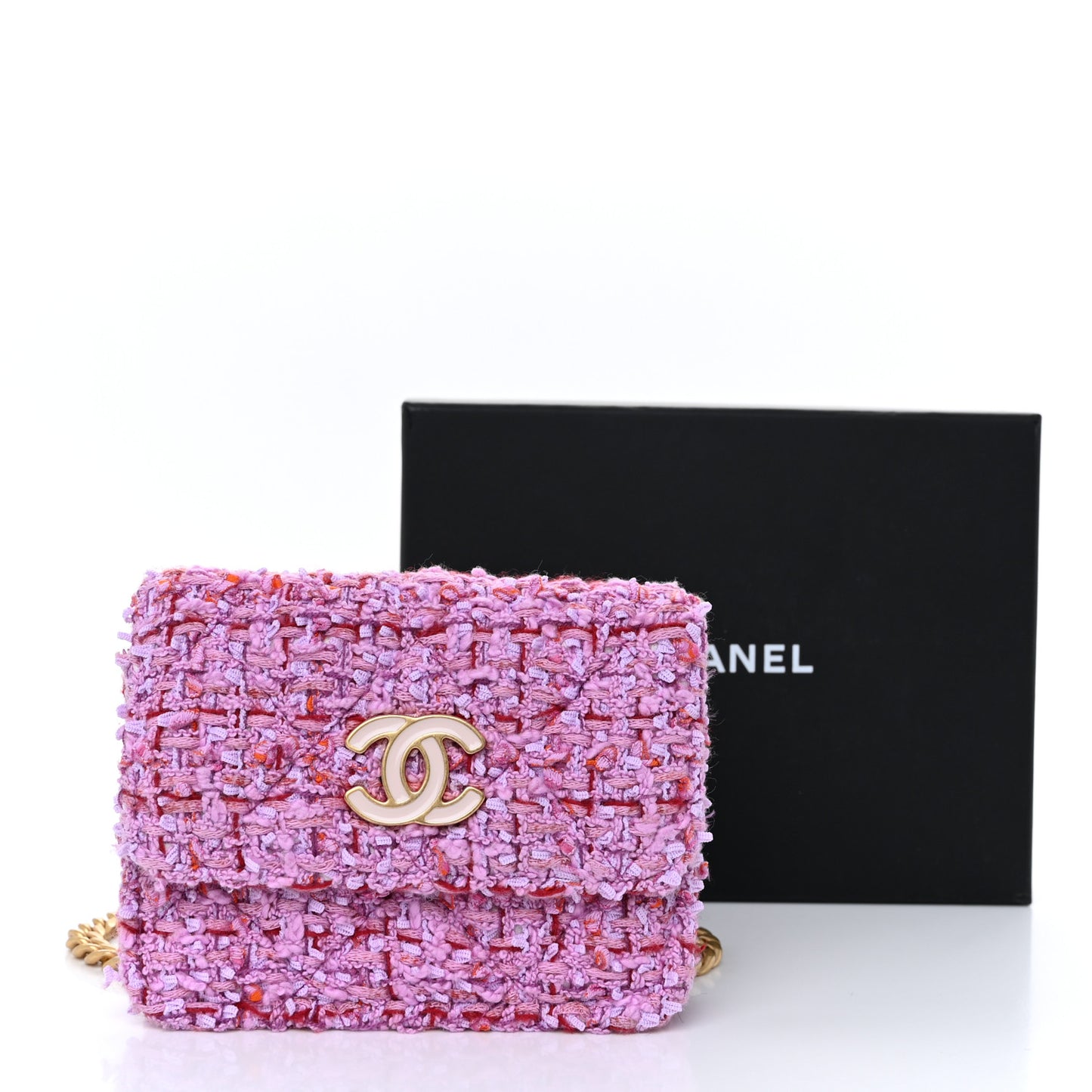 Tweed Enamel Quilted Pending CC Flap Belt Bag Pink Purple