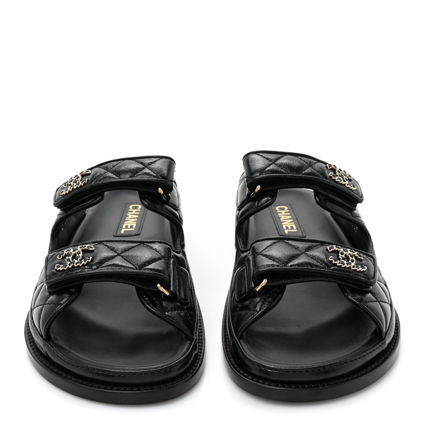 Lambskin Quilted Velcro Dad Chain CC Slide Sandals 38 Black