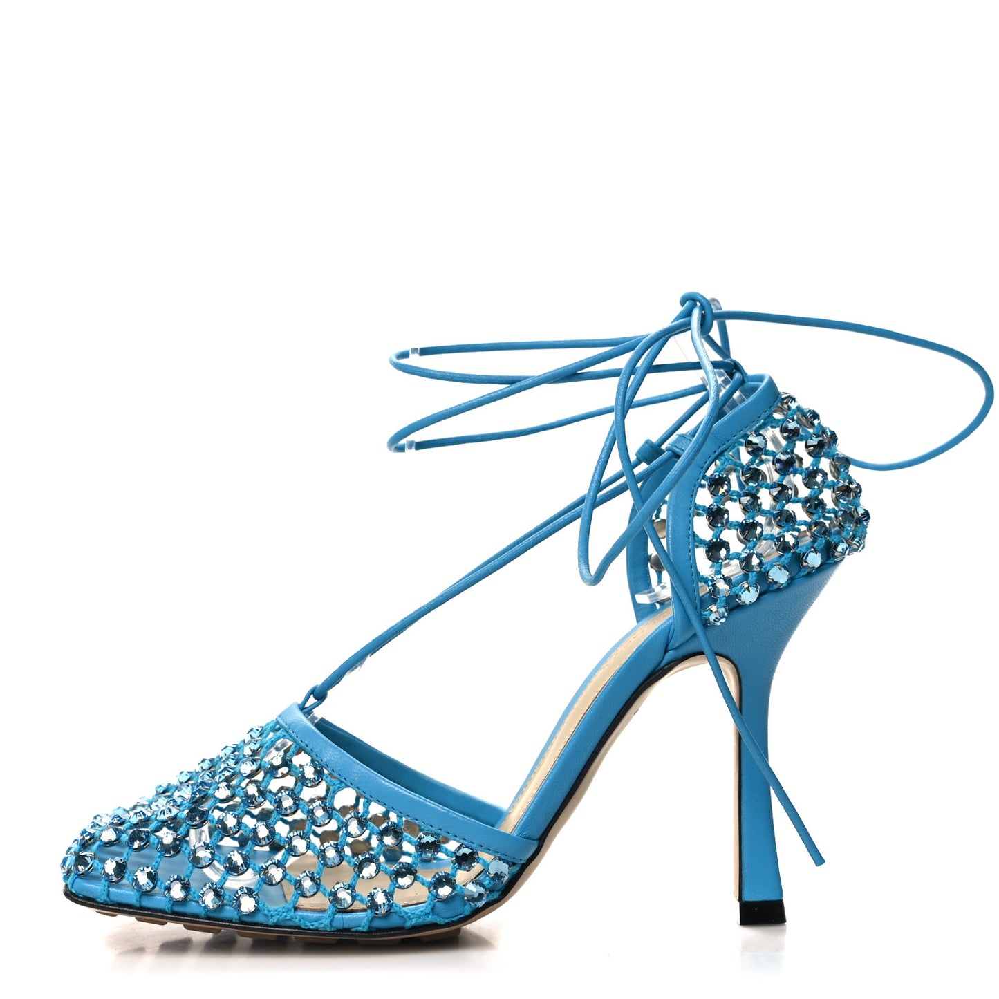 Mesh Nappa Crystal Embellished Sparkle Stretch Ankle Tie 90mm Sandals 38 Pool