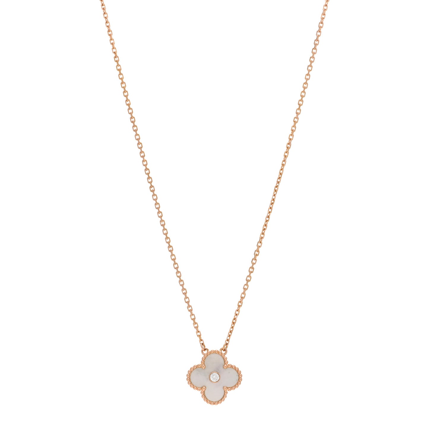18K Rose Gold Diamond Mother of Pearl Vintage Alhambra Pendant Necklace