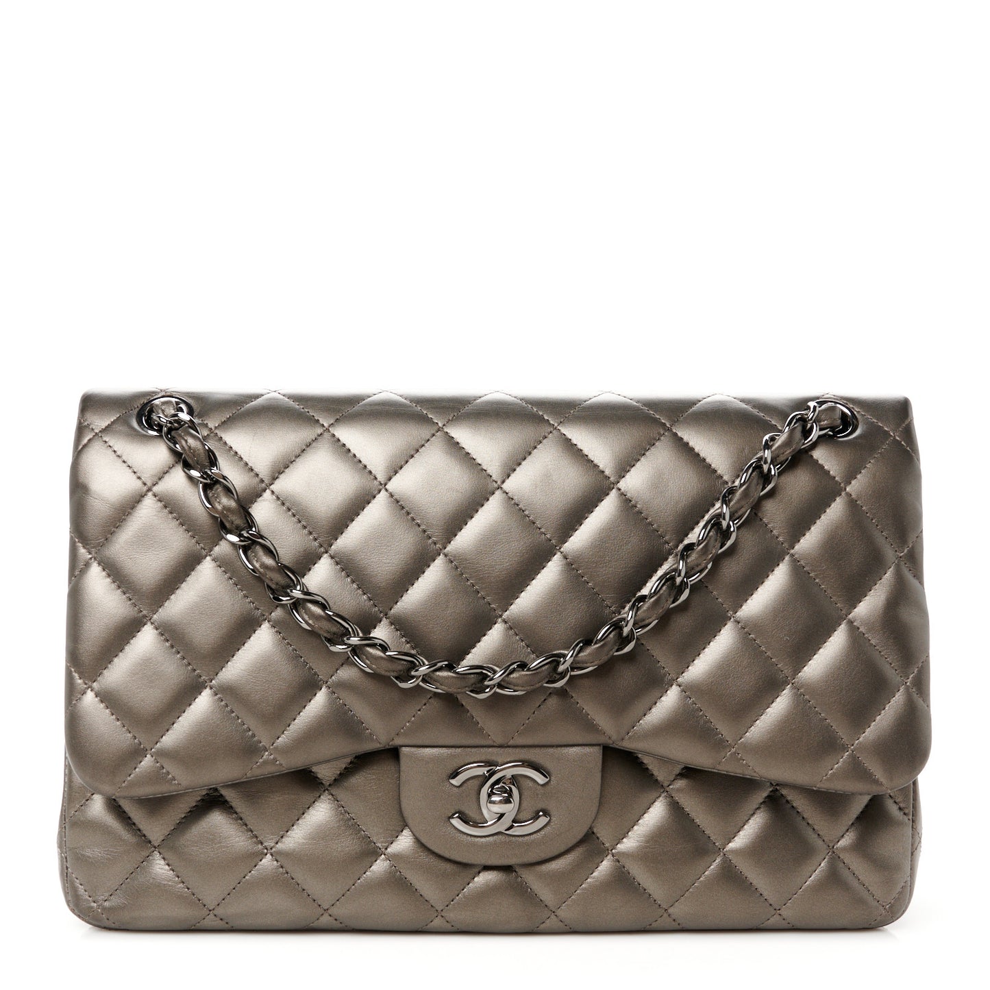 Metallic Lambskin Quilted Jumbo Double Flap Pewter