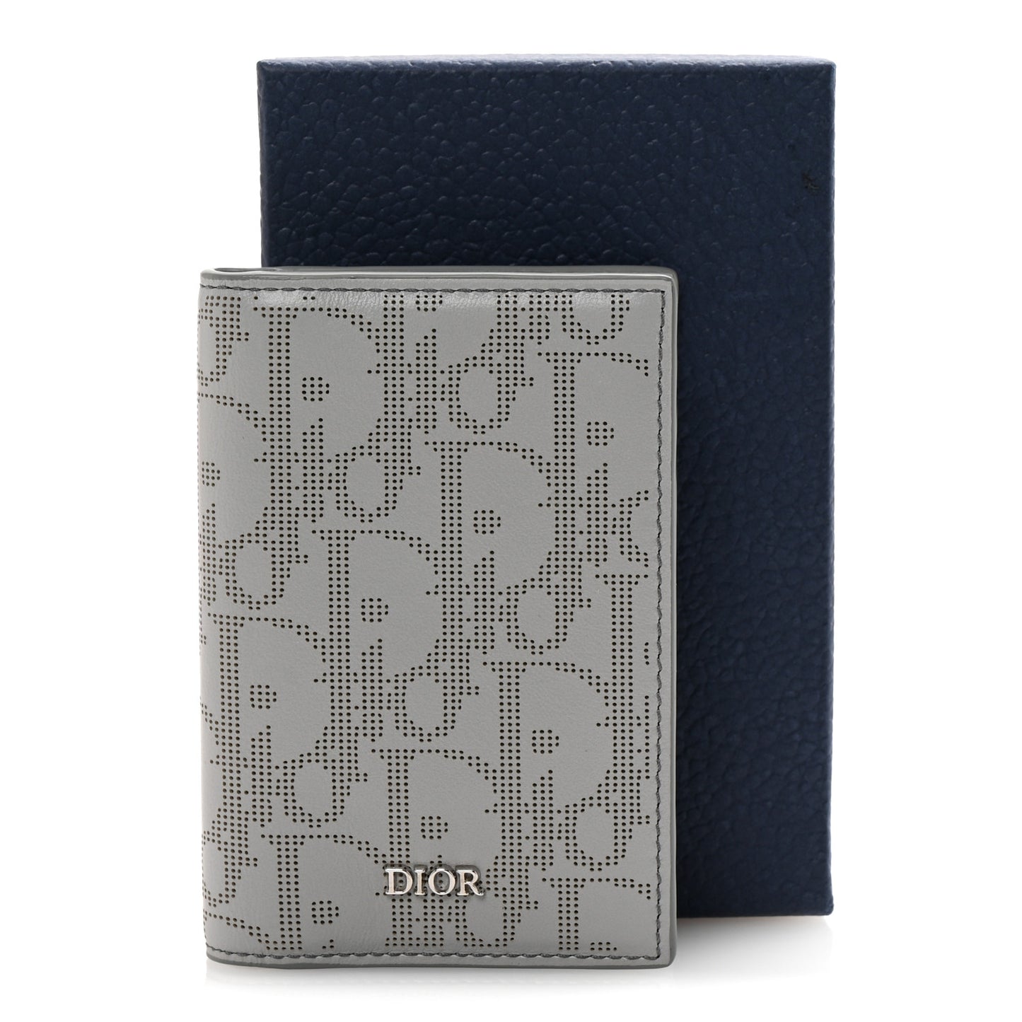 Calfskin Perforated Oblique Bi-Fold Card Holder Grey