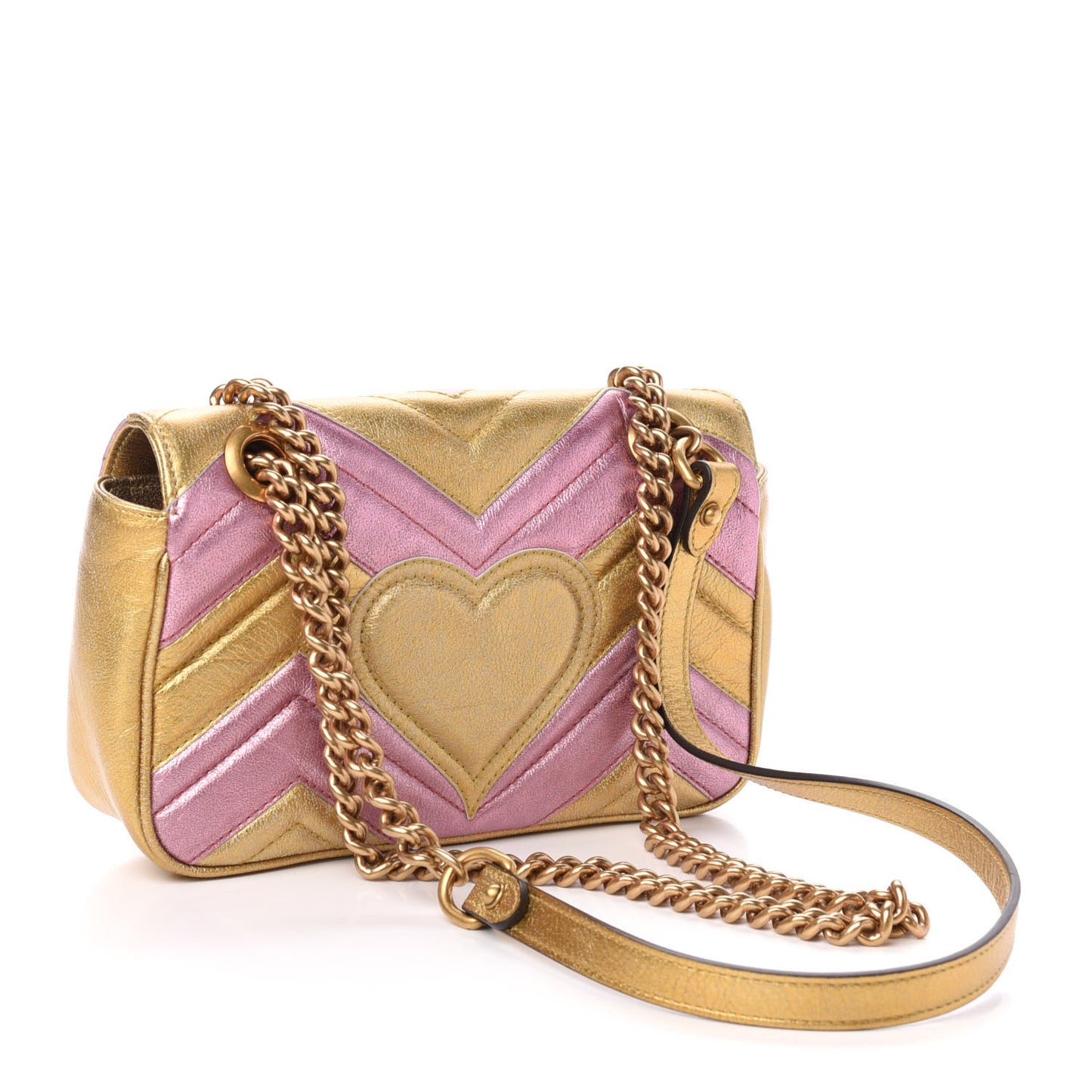 Metallic Calfskin Matelasse Mini GG Marmont Shoulder Bag Gold Pink