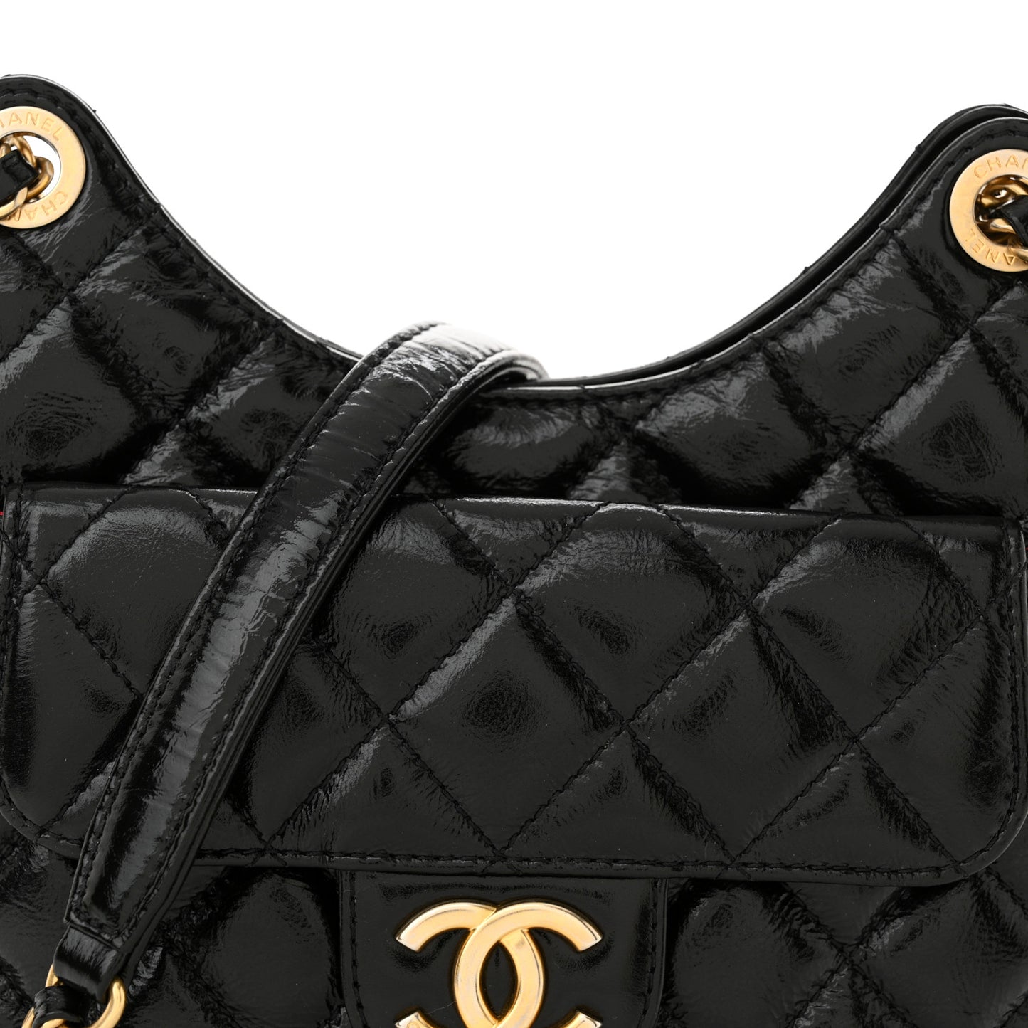 Shiny Crumpled Calfskin Quilted Small Wavy CC Hobo Black