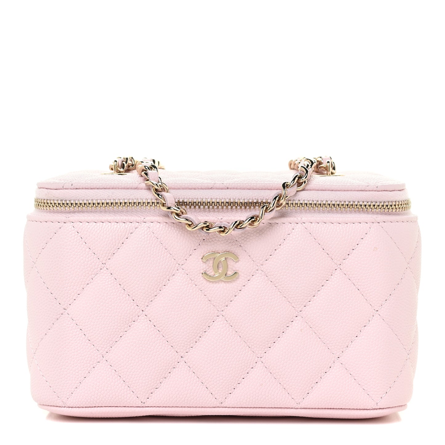 Caviar Quilted Small Vanity Case With Chain Light Pink
