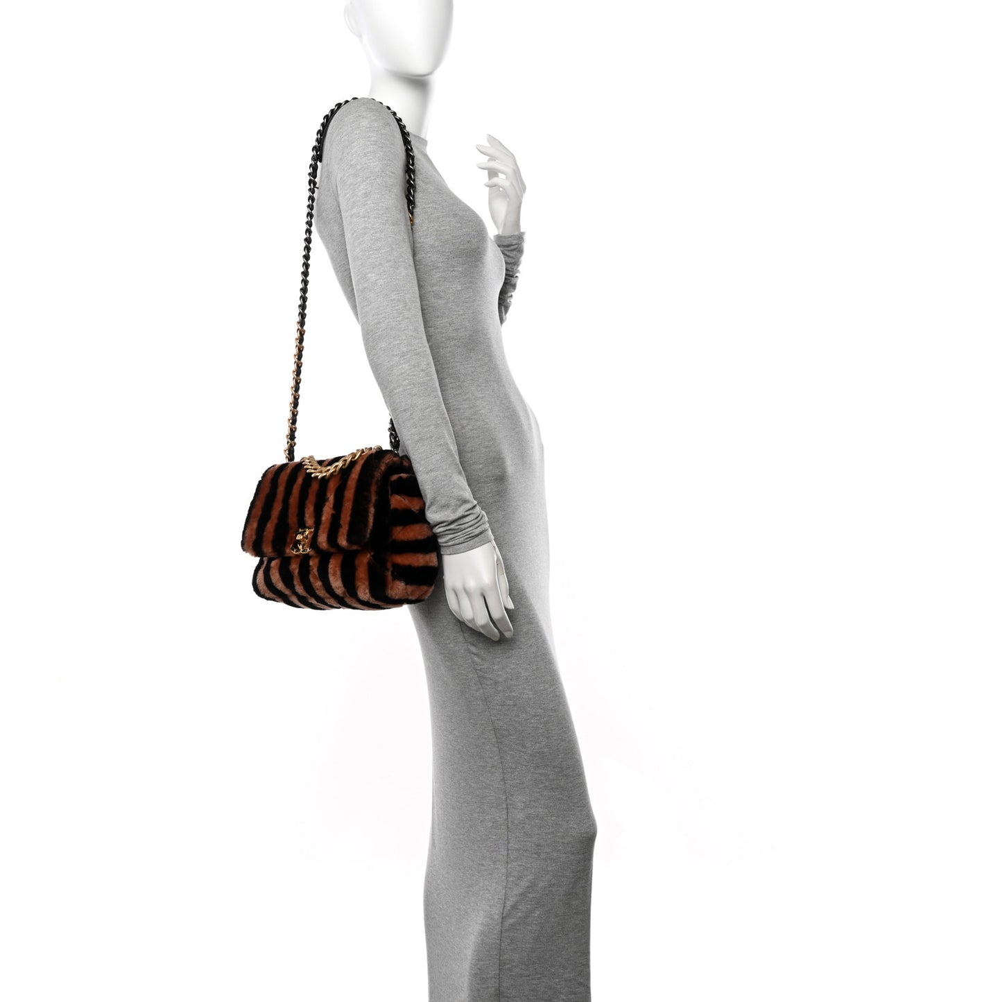 Shearling Striped Medium Chanel 19 Flap Black Beige