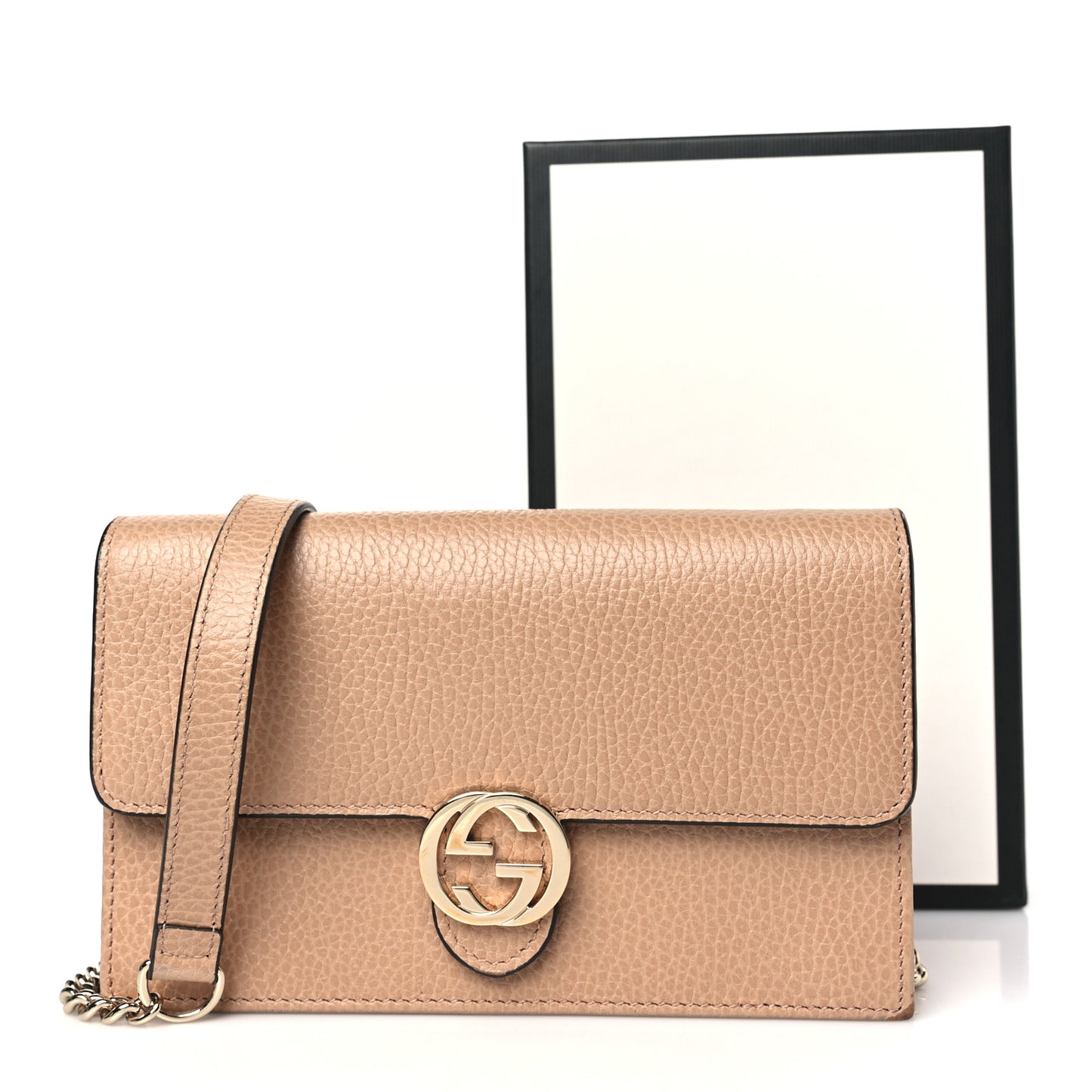 Dollar Calfskin Interlocking G Chain Wallet Camelia