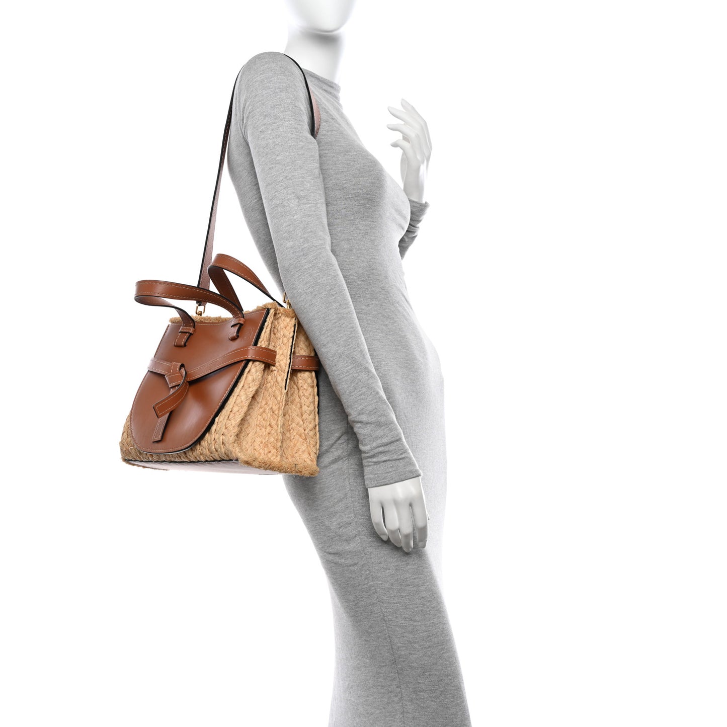 Raffia Calfskin Small Gate Tote Tan Naturel
