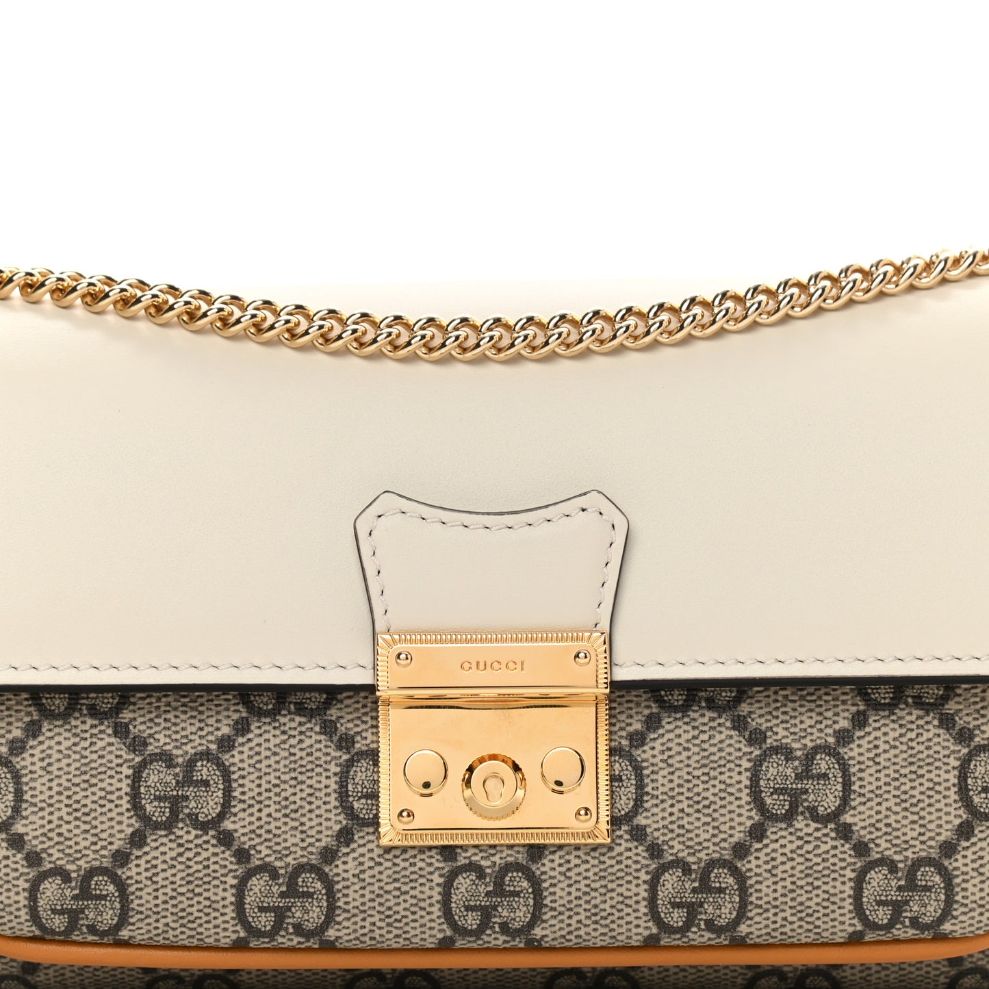 GG Supreme Monogram Calfskin Padlock Chain Wallet Beige Mystic White Sun Oil