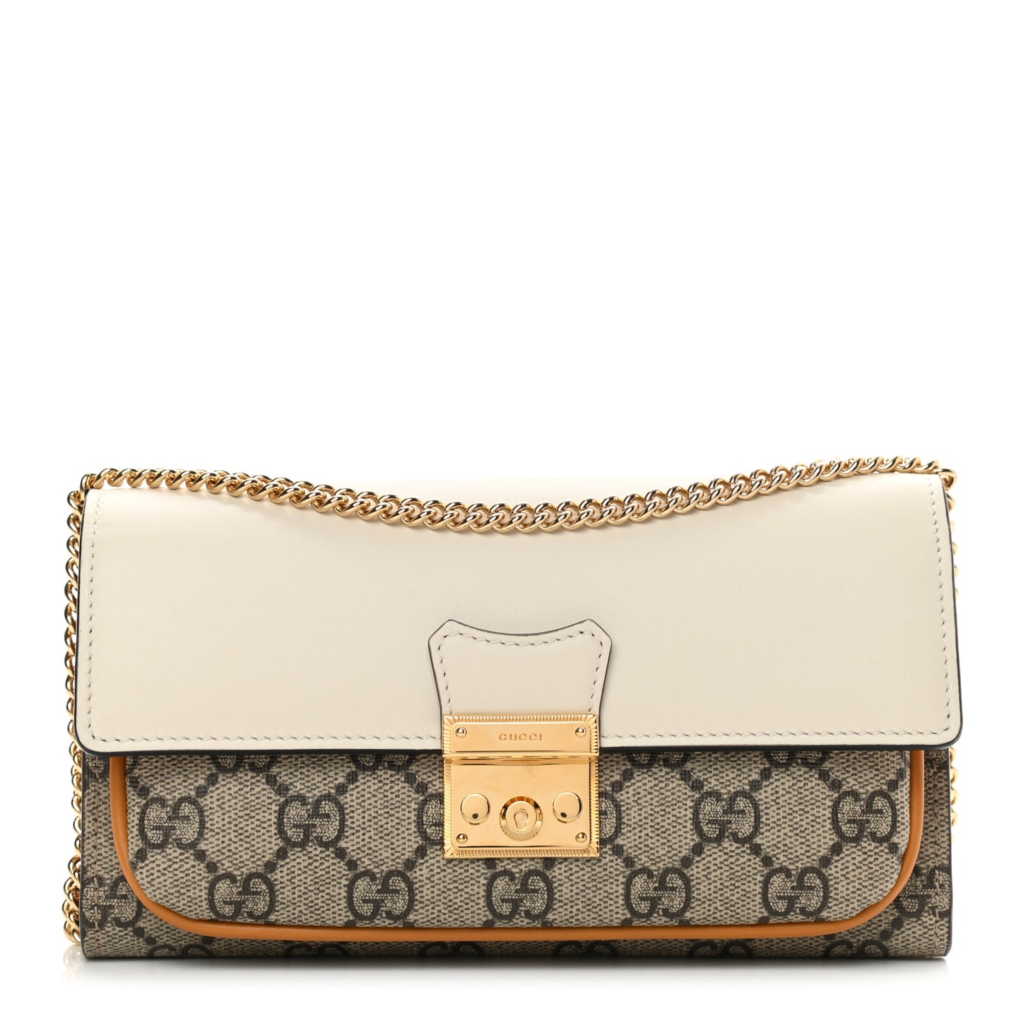 GG Supreme Monogram Calfskin Padlock Chain Wallet Beige Mystic White Sun Oil
