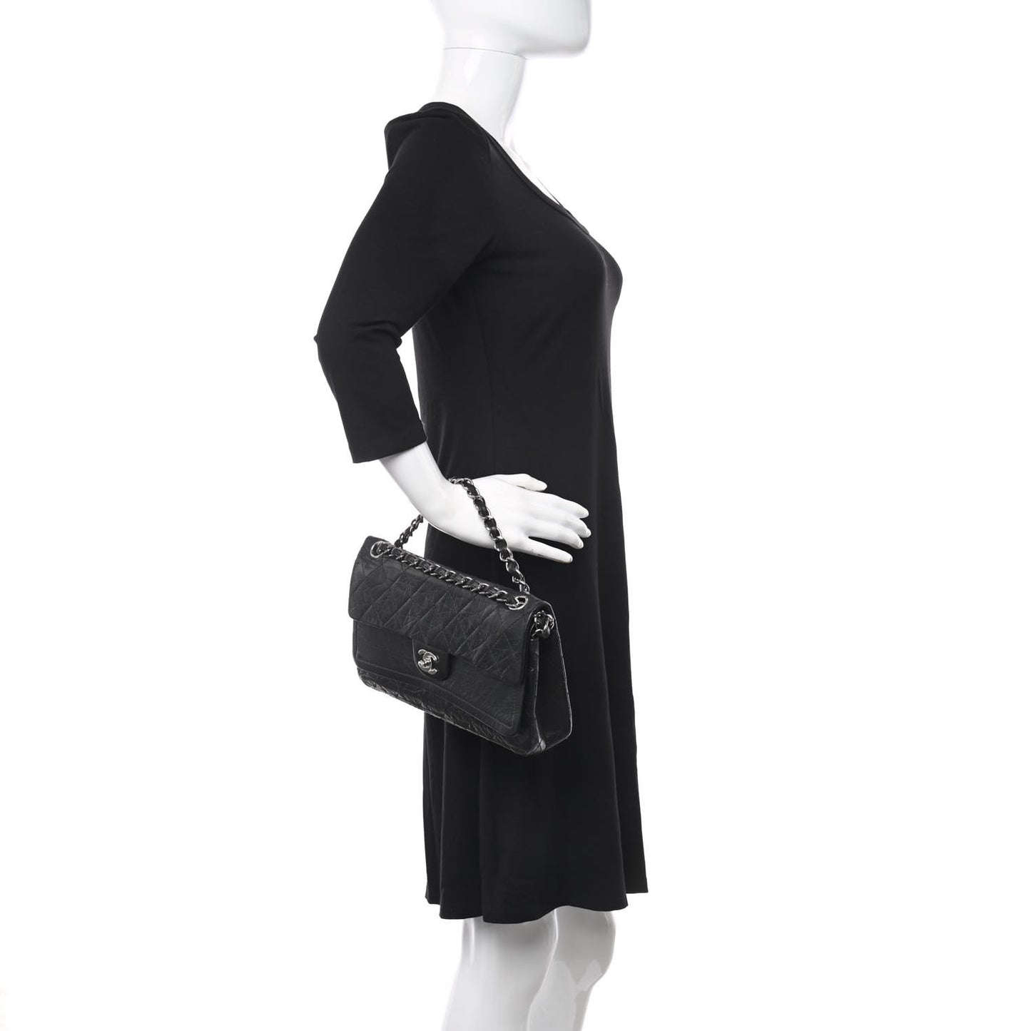 Aged Calfskin Quilted Medium Double Flap Black