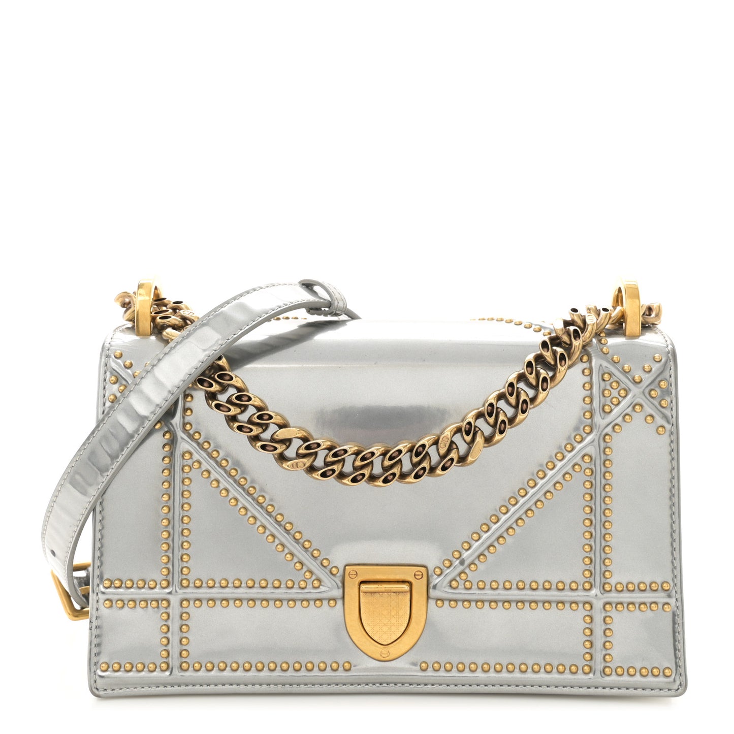 Metallic Patent Studded Small Diorama Flap Bag Silver