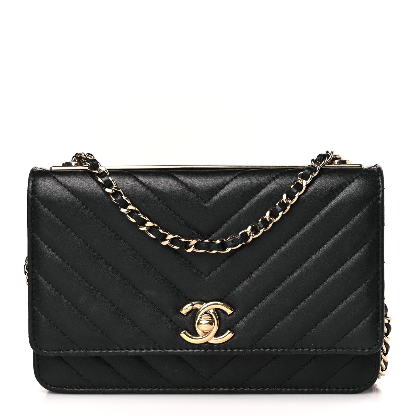 Lambskin Chevron Quilted Trendy CC Wallet On Chain WOC Black