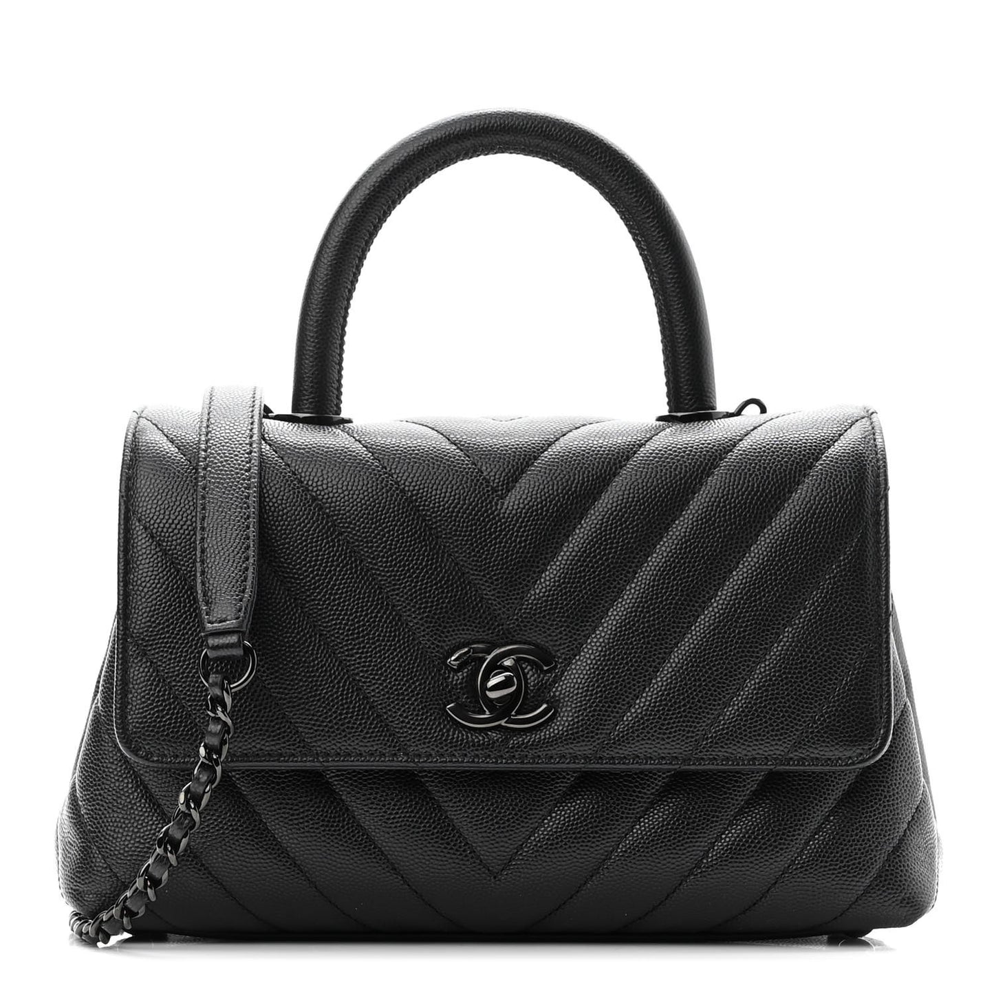 Caviar Chevron Quilted Mini Coco Handle Flap So Black