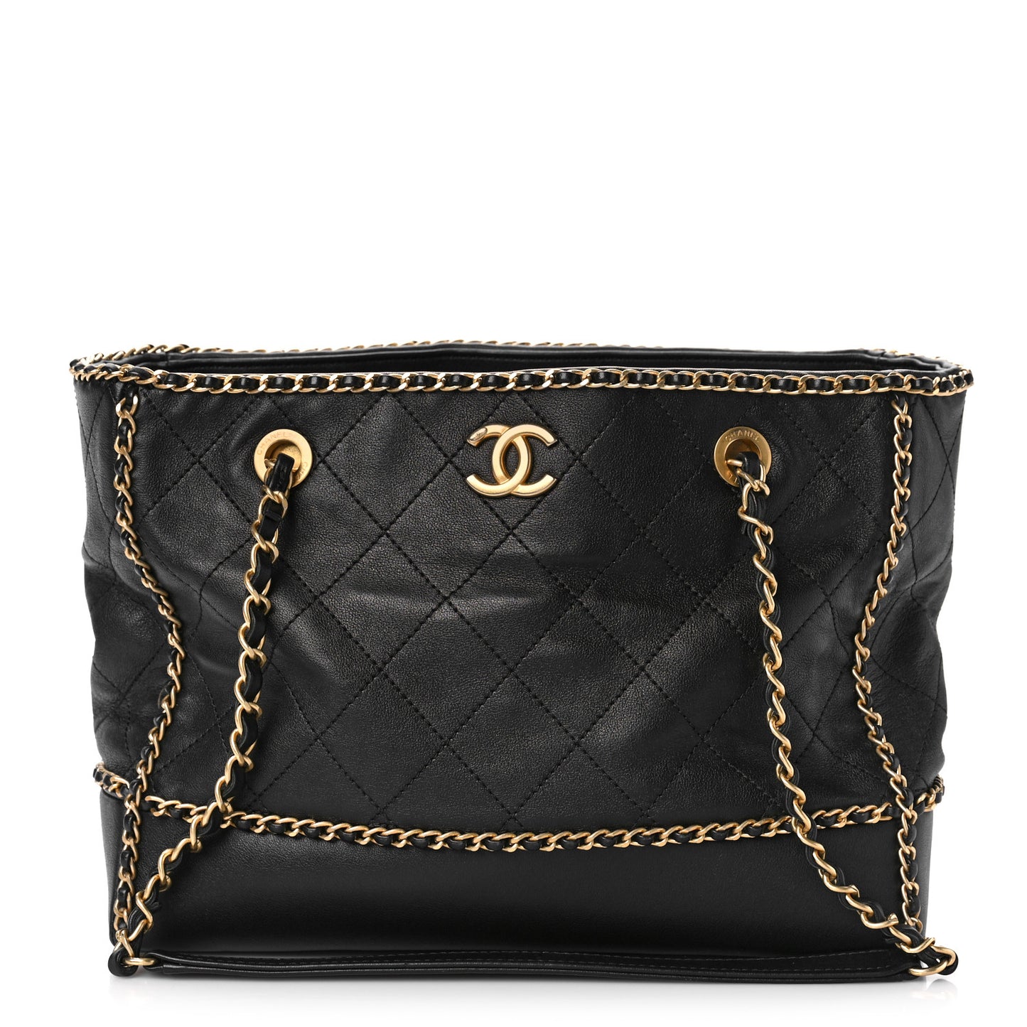 Calfskin Quilted Chain Lines Shopping Tote Black