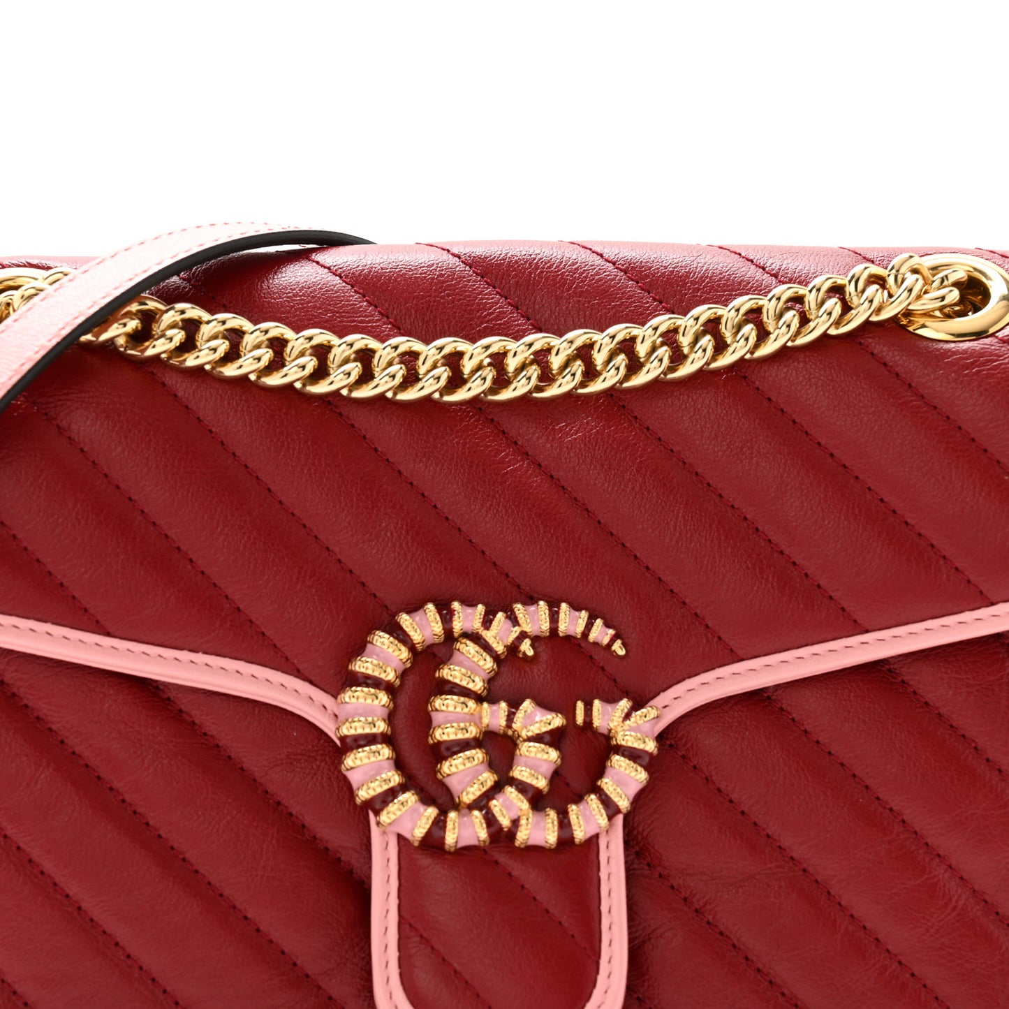 Azalea Calfskin Enamel Matelasse Diagonal Small Torchon GG Marmont Shoulder Bag New Cherry Red Wild Rose