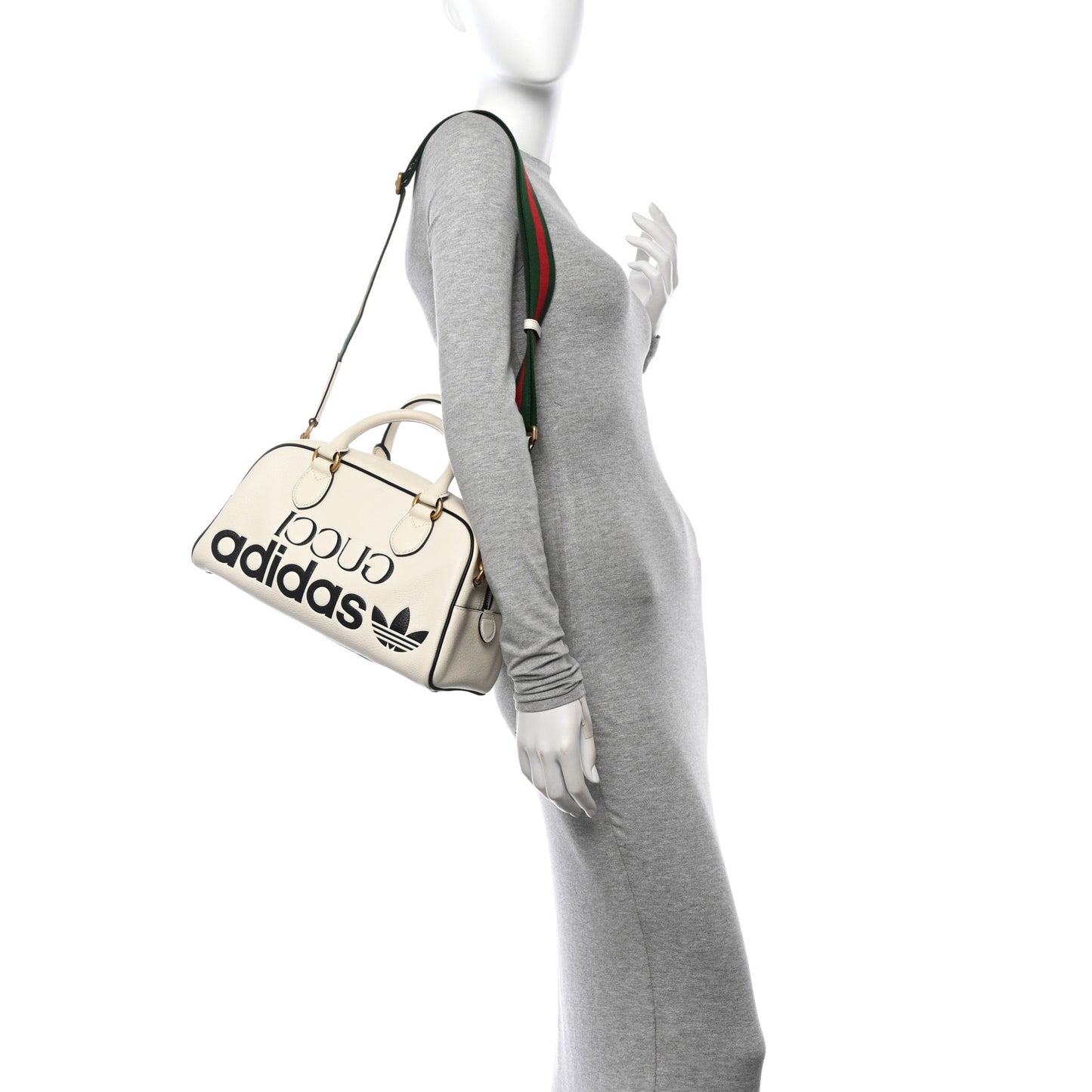 X ADIDAS Textured Dollar Calfskin Web Trefoil Logo Embossed Mini Bowling Bag Off White