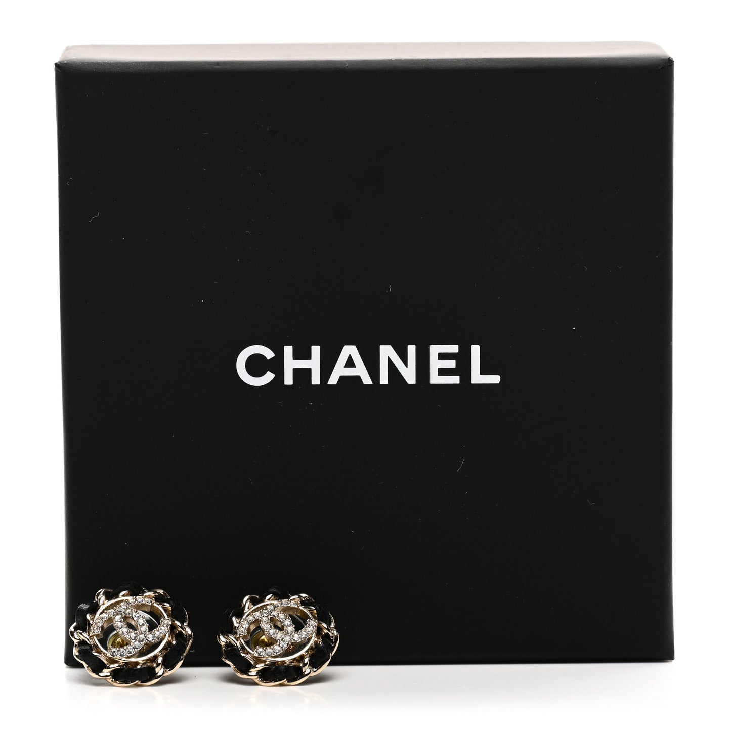Crystal Lambskin Chain CC Stud Earrings Black Gold